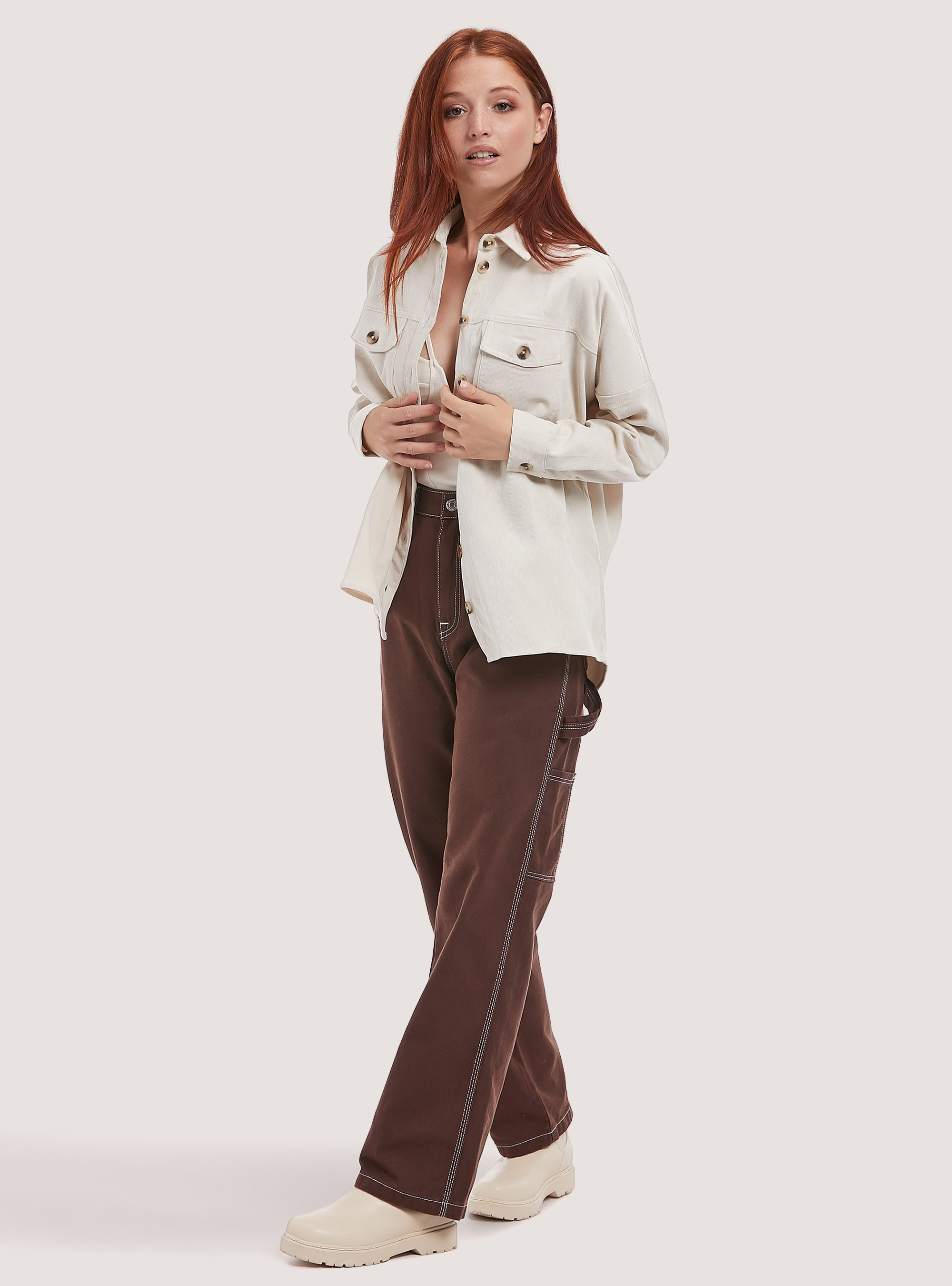 Giacca camicia in velluto a costine, BEIGE