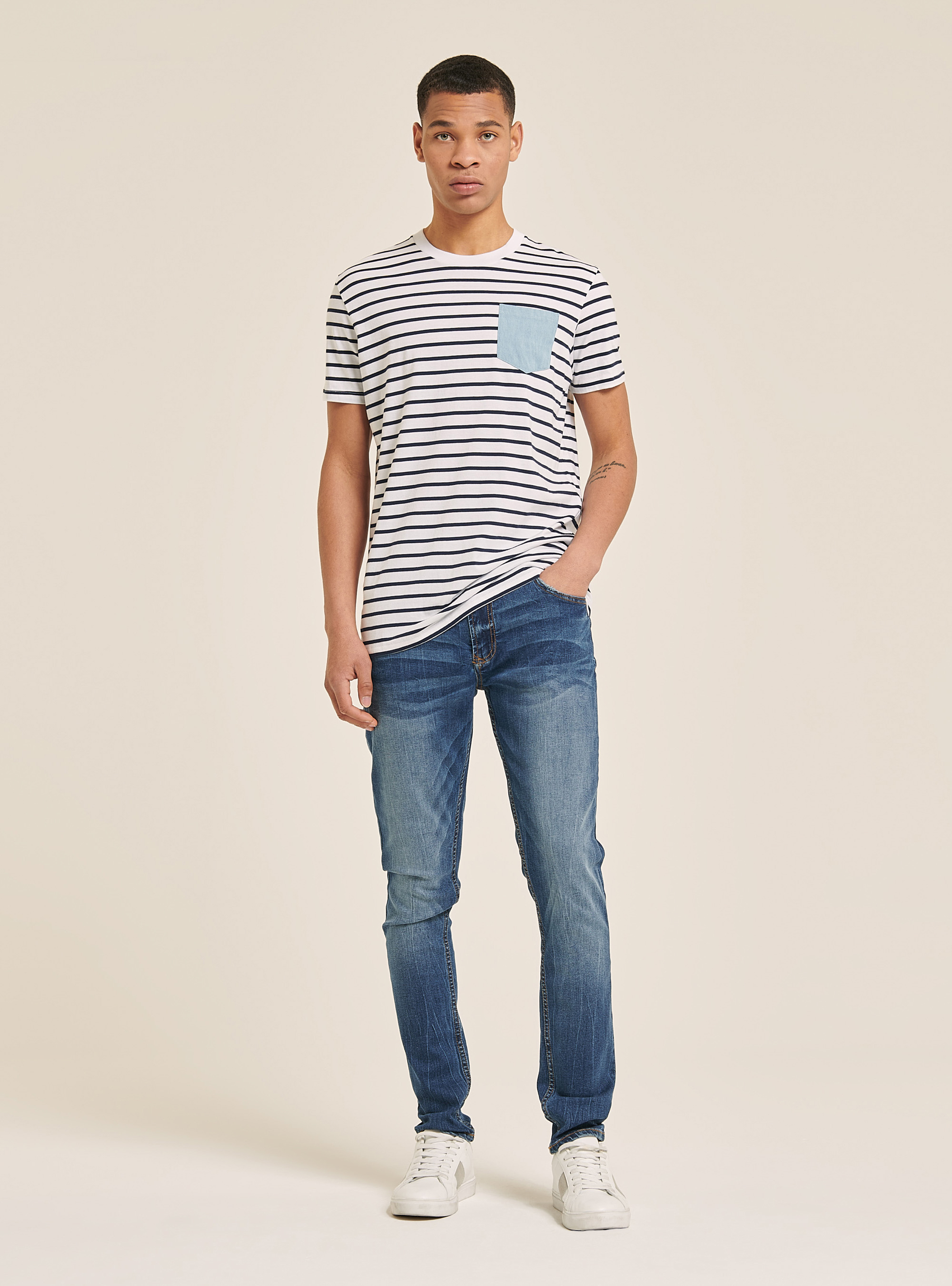 Striped T-shirt with denim pocket, MULTICOLOR