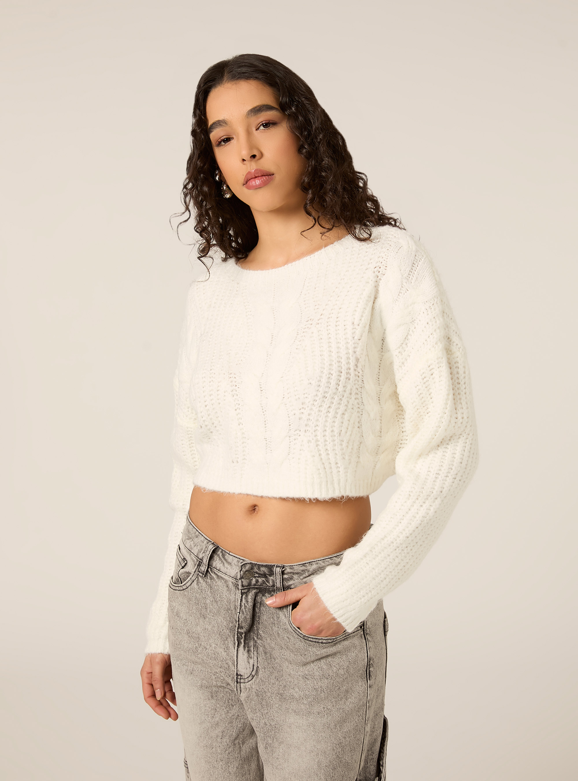 Maglia a trecce scollo a barca, WH2 WHITE