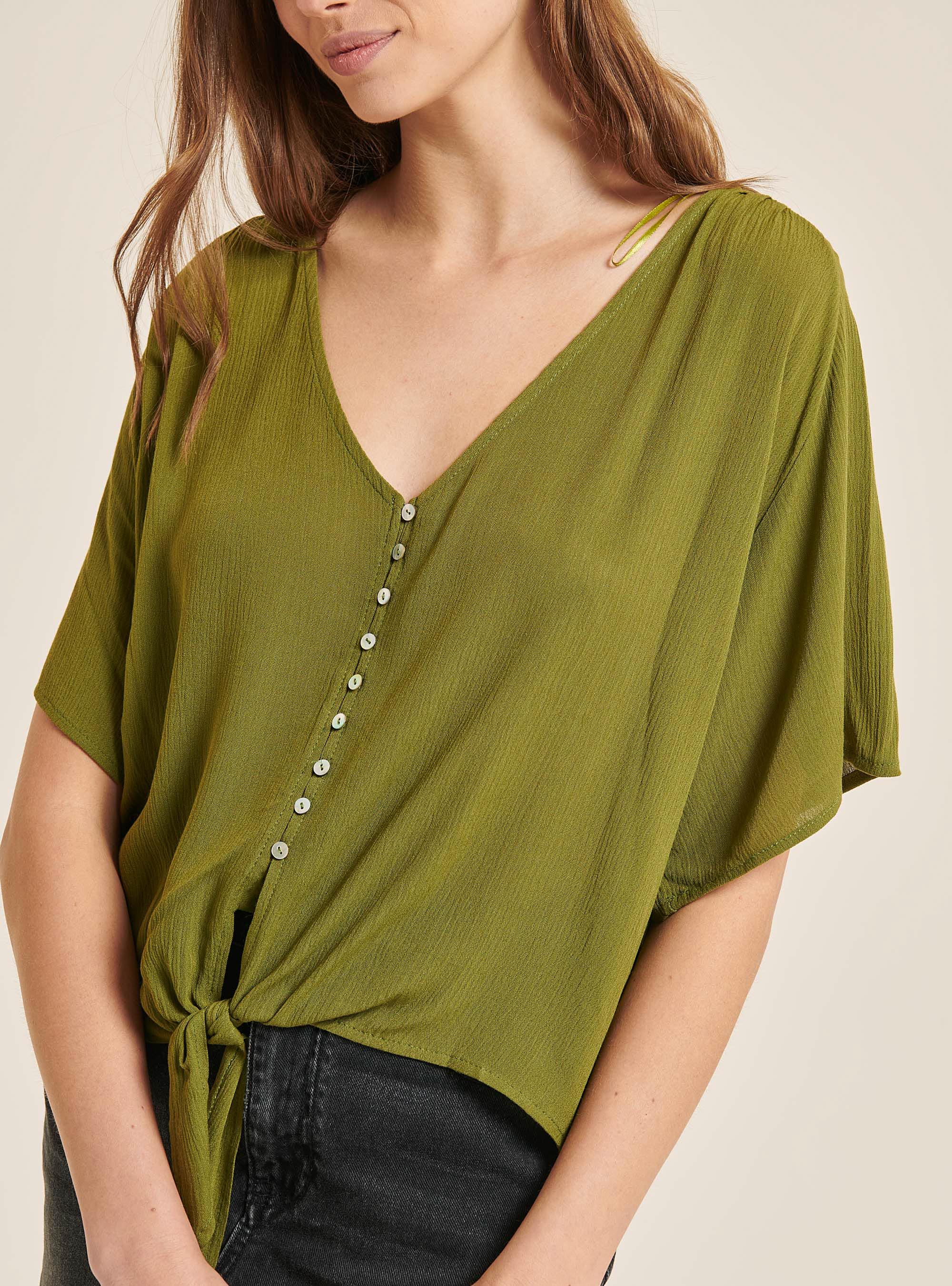 Solid colour v-neck shirt with waist knot, C6609 KAKY