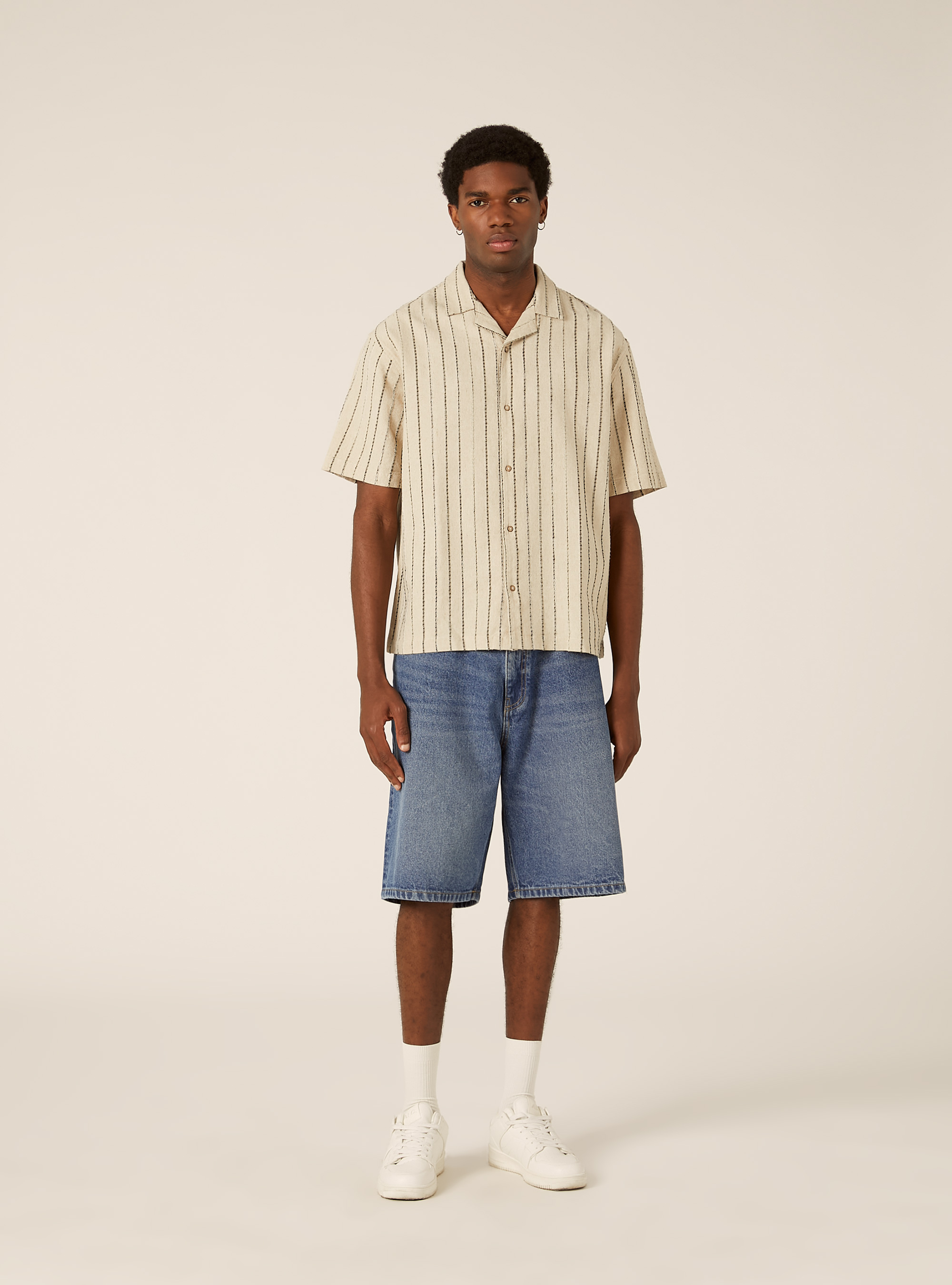 Camicia in misto lino rigata, BG3 BEIGE LIGHT