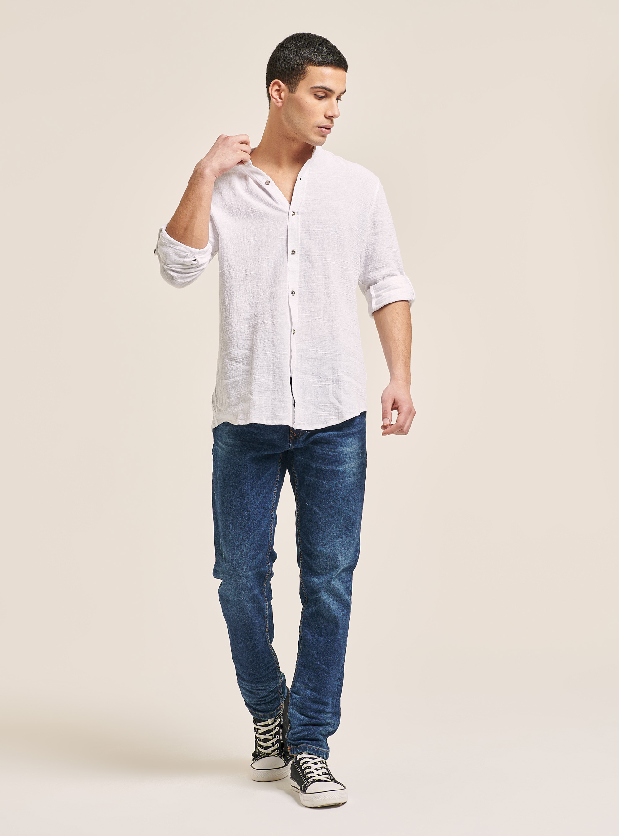 Chemise en lin mélangé avec col coréen, C099 WHITE