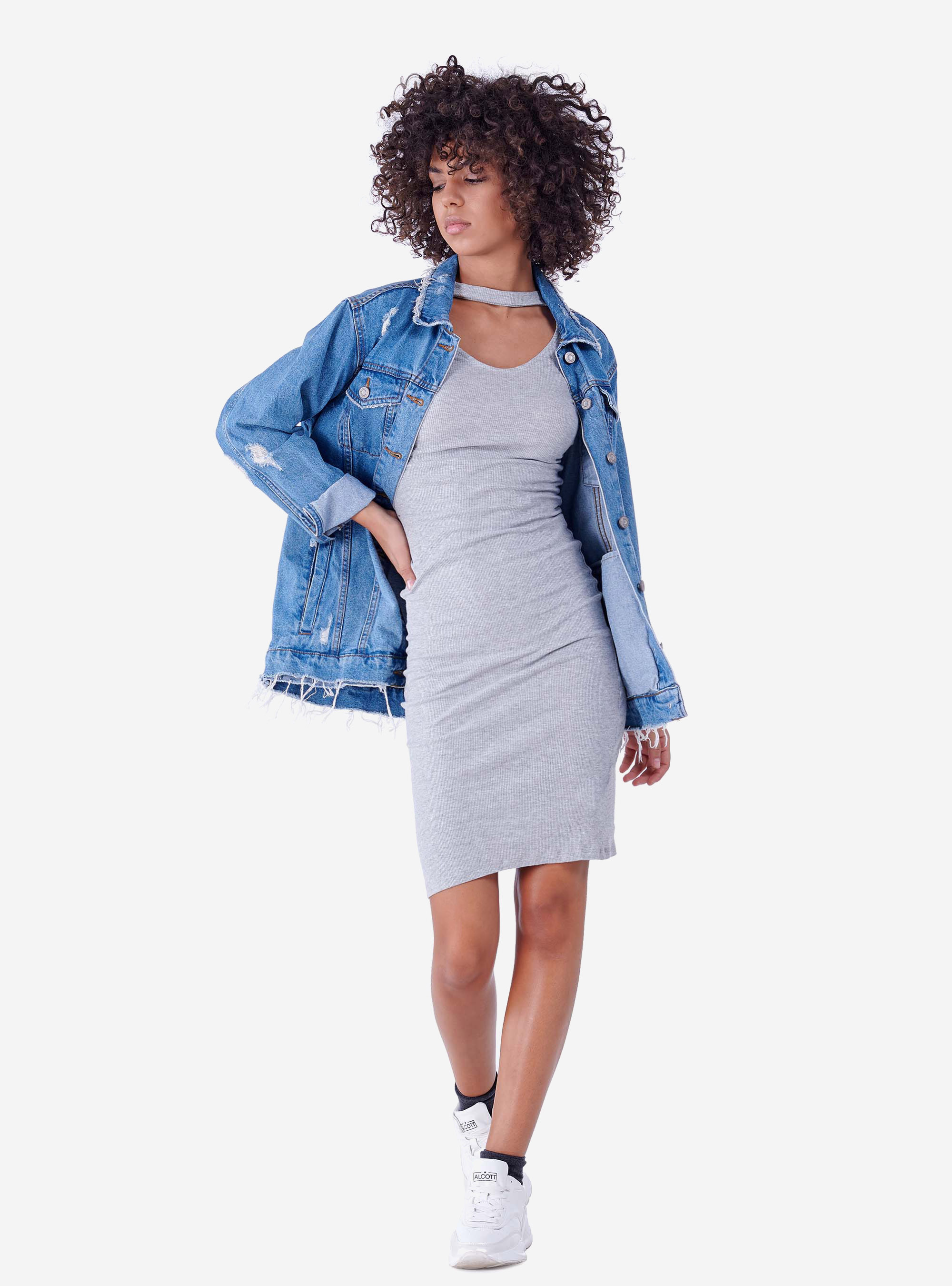 Vestito midi con scollatura aperta, GRIGIO CHIARO MELANGE