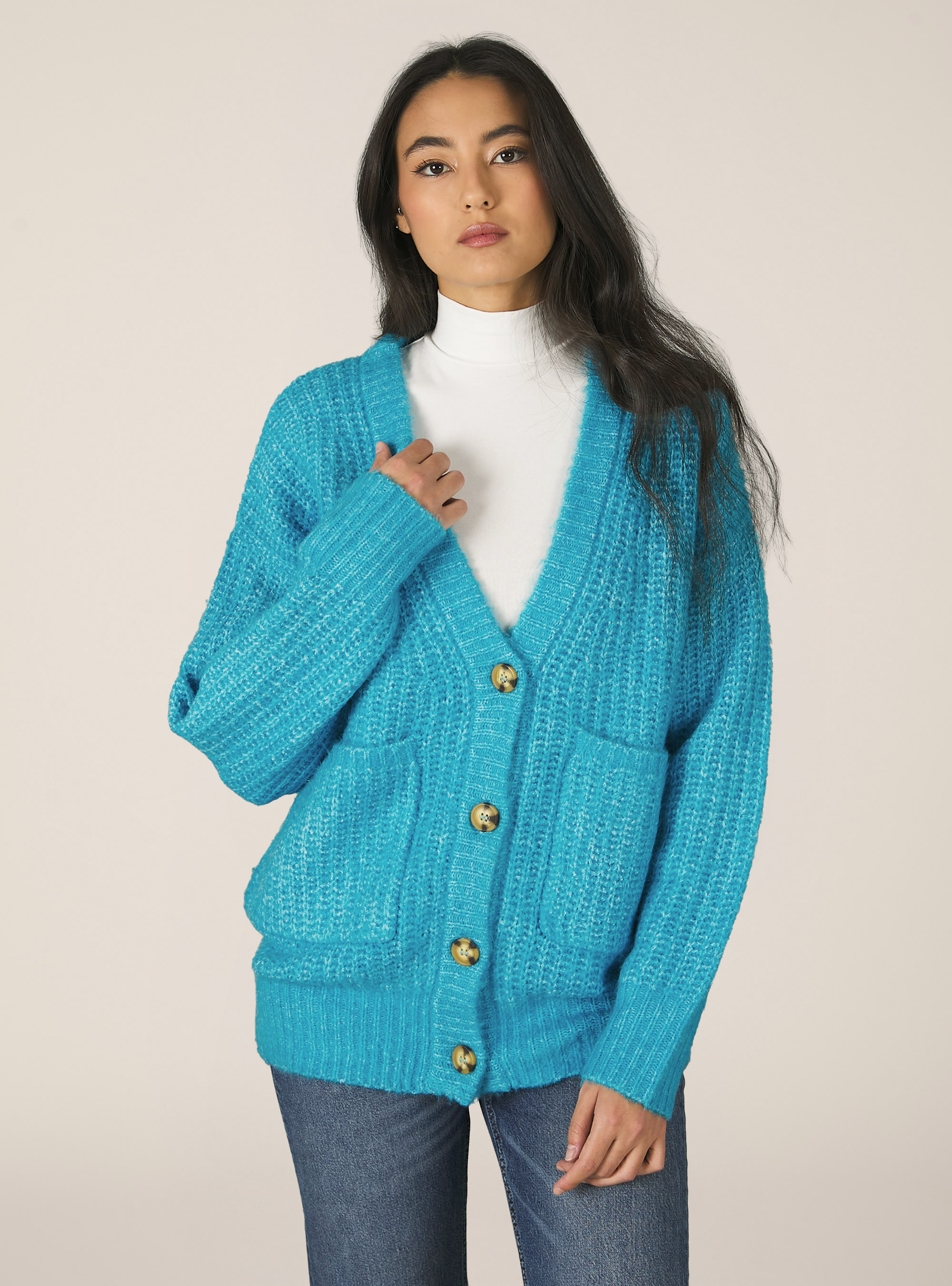 Ribbed cardigan pullover, MAZ2 AZURE MEL MEDIUM