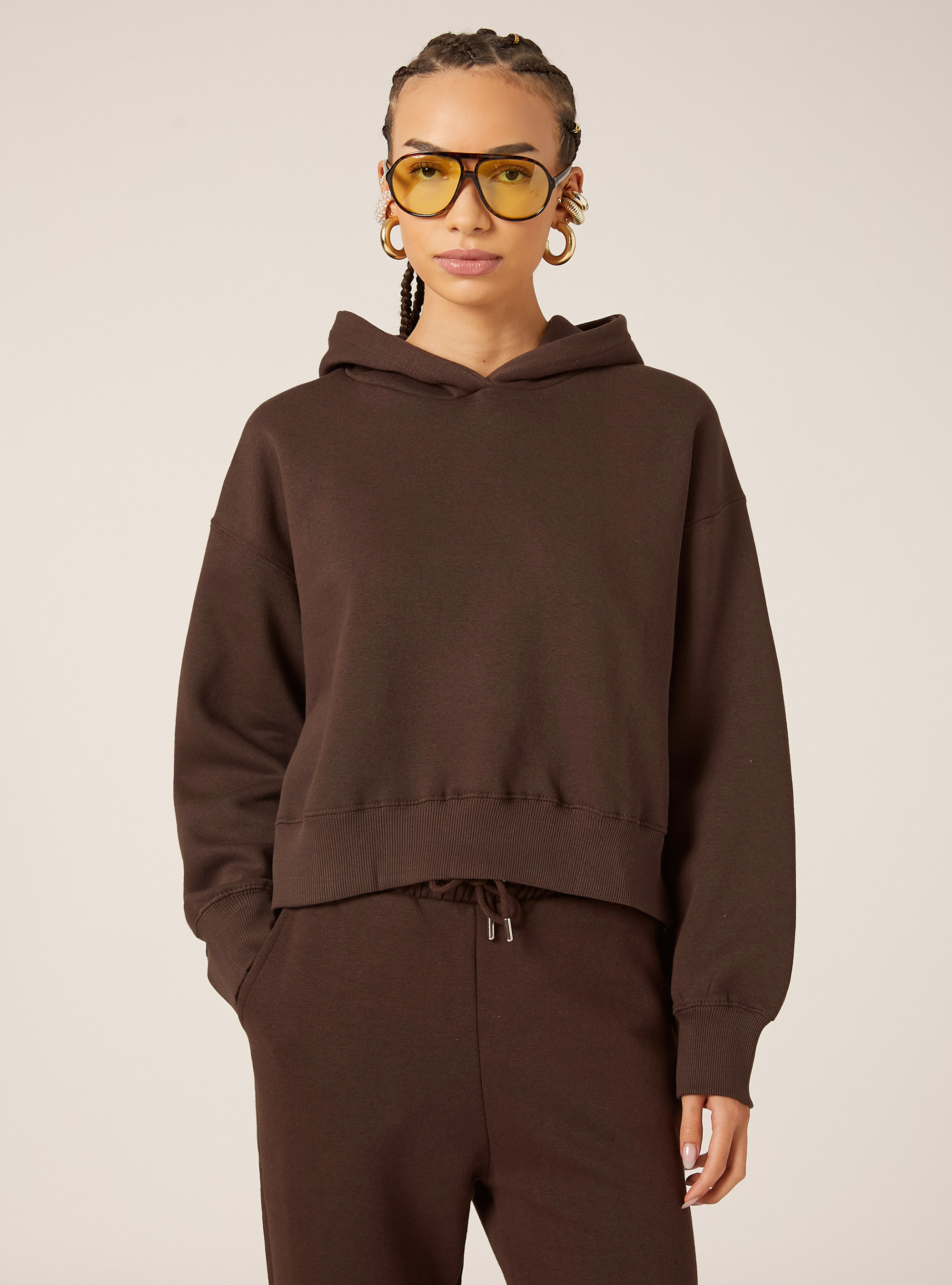 Felpa boxy con cappuccio, BR1 BROWN DARK