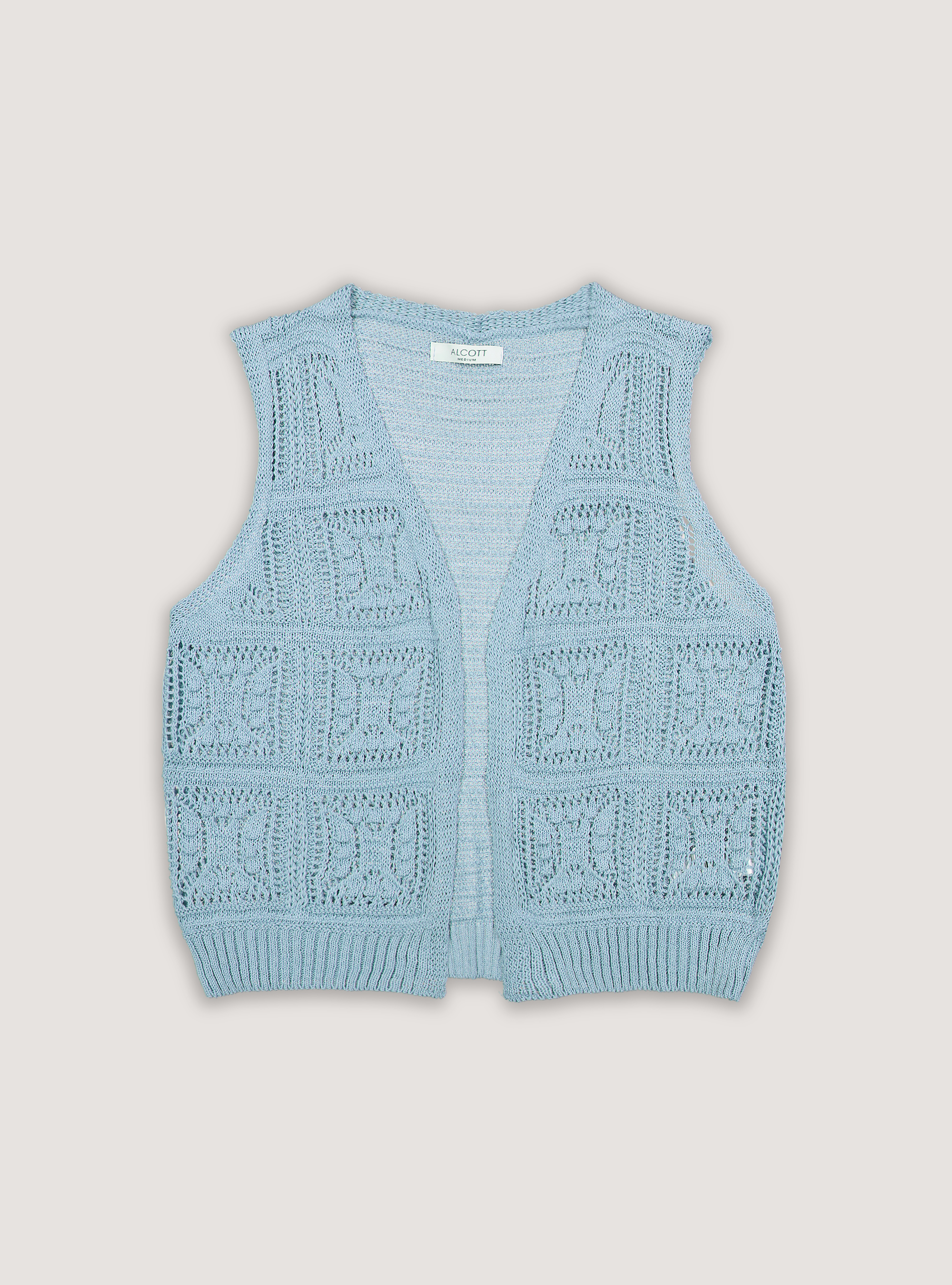 Cardigan smanicato in crochet aperto, AZ1 DARK AZZURRE