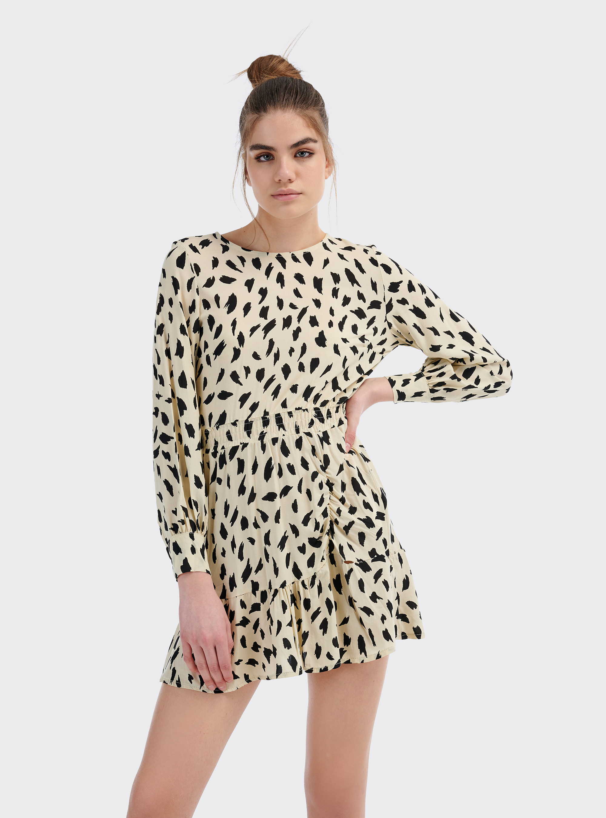 Vestito maniche a sbuffo stampa animalier, ANIMALIER