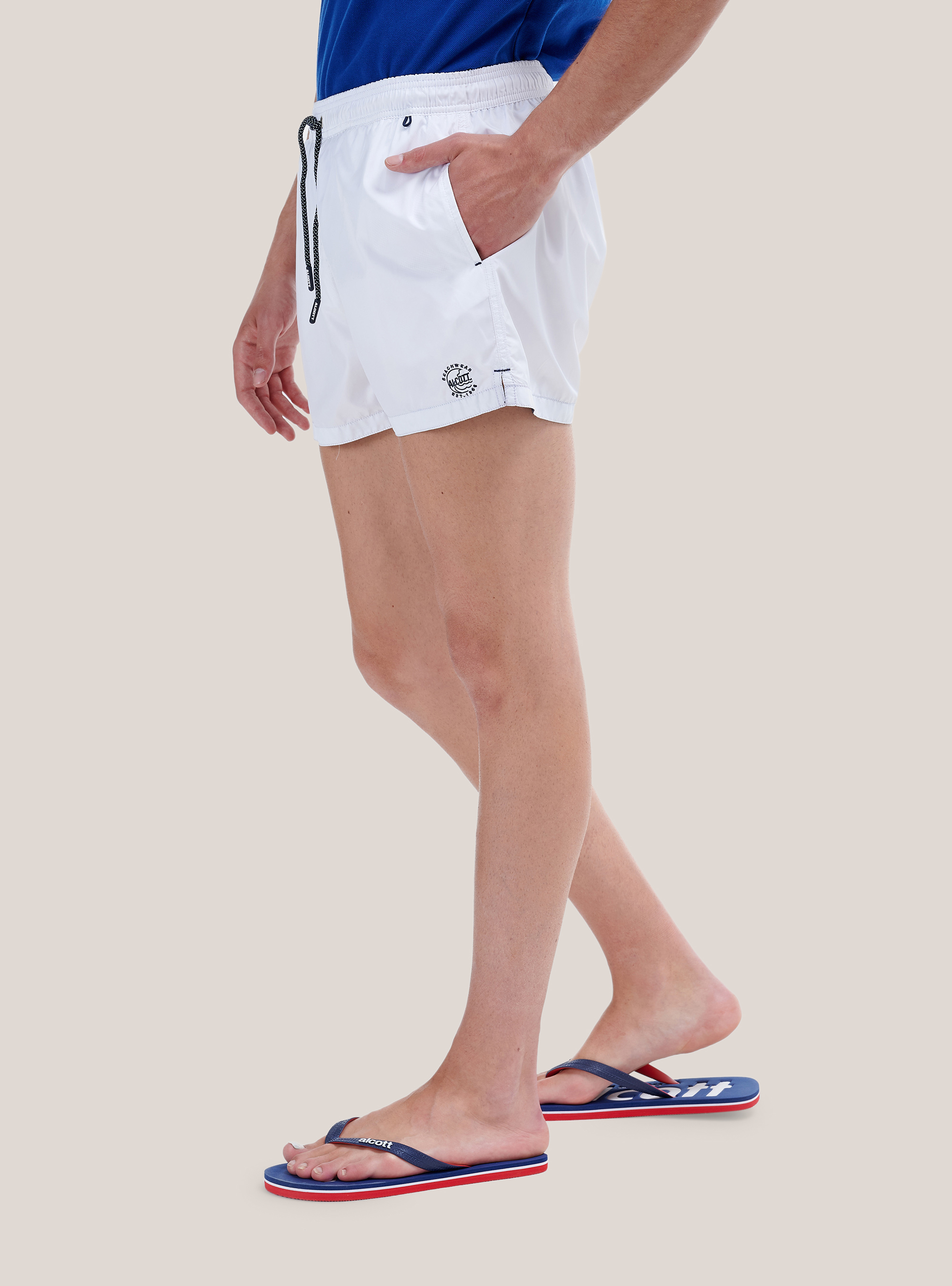 Color solid swimsuit with front embroidery and back pocket., WHITE