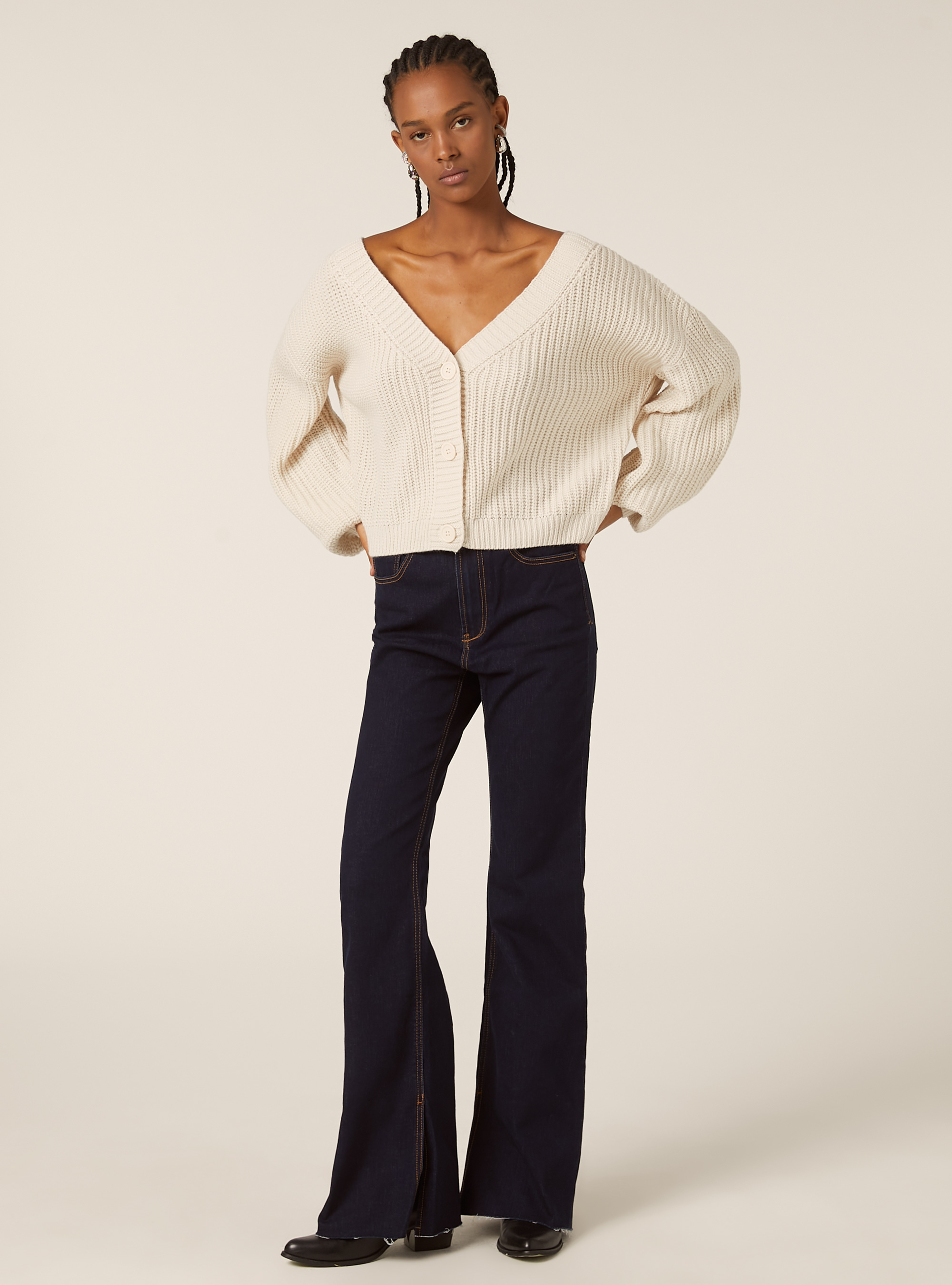 Knitted cardigan with V-neck, MWH1 WHITE MEL DARK