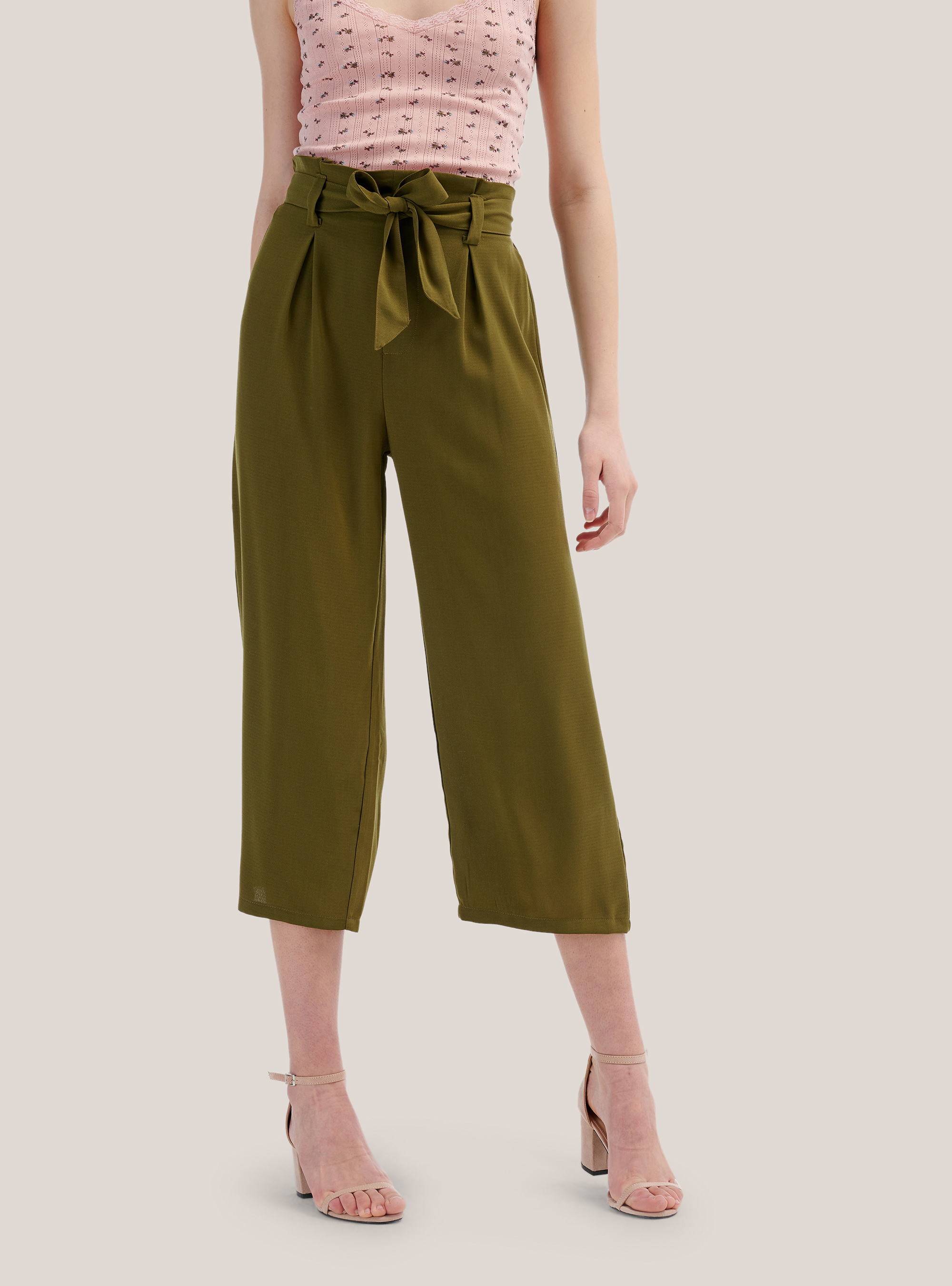 Pantalon de pernera ancha de color liso con cinturon de tela, C6601 KAKY