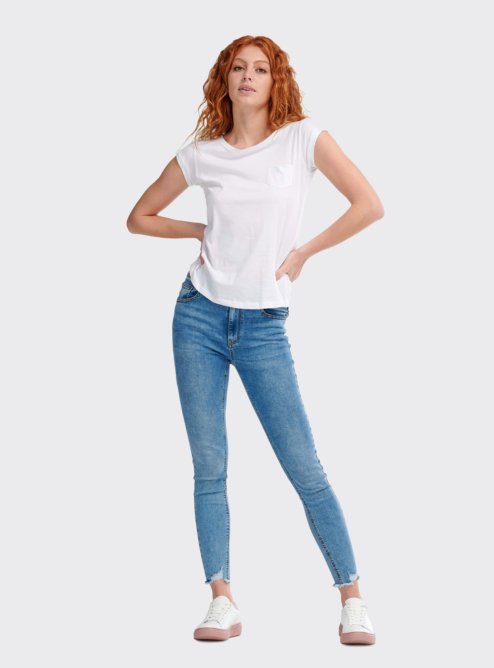 Jean stretch raccourci taille haute effiloch&eacute;, C272 BLUE