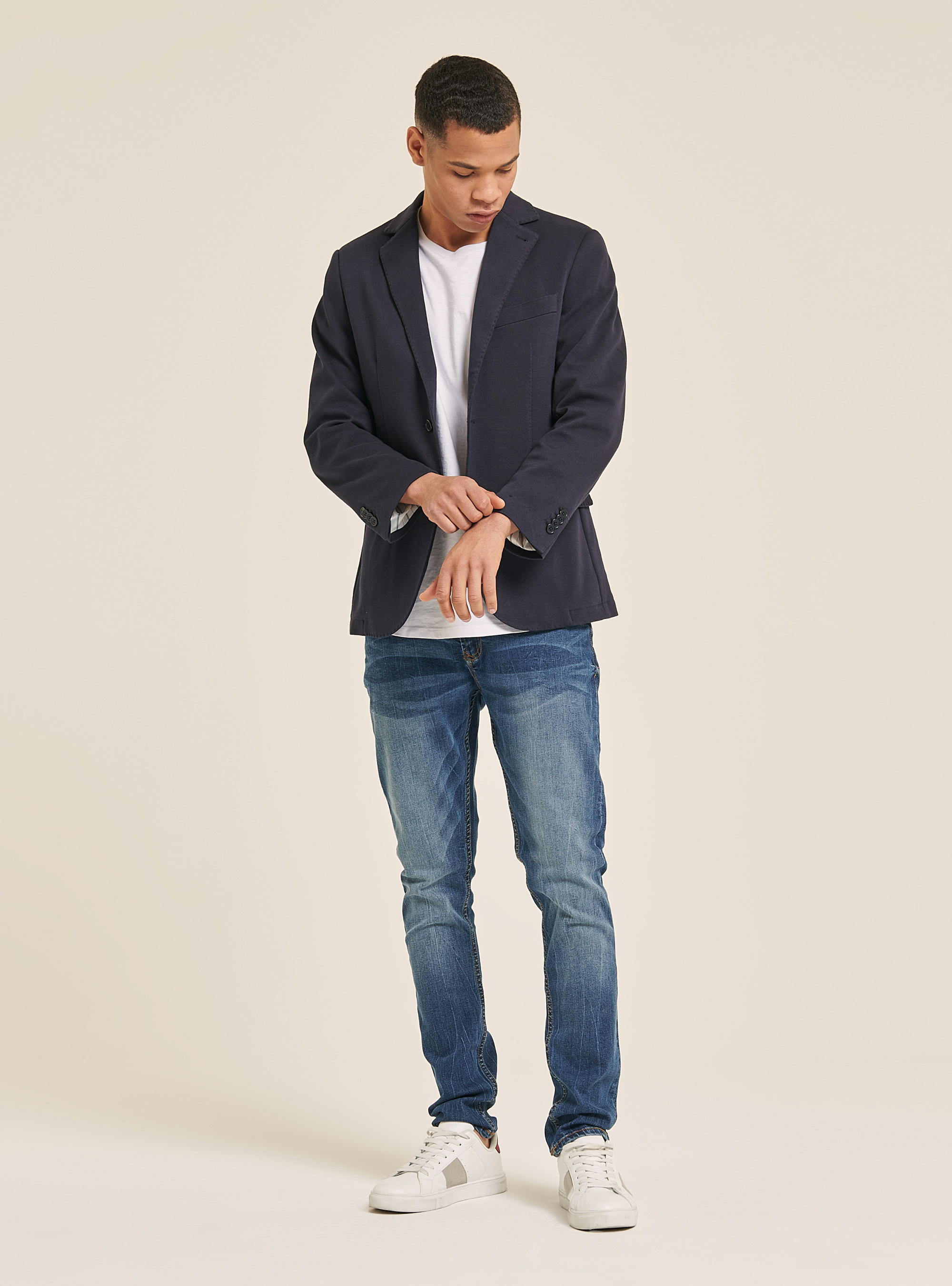 Blazer in cotone piquet, BLU MARINO