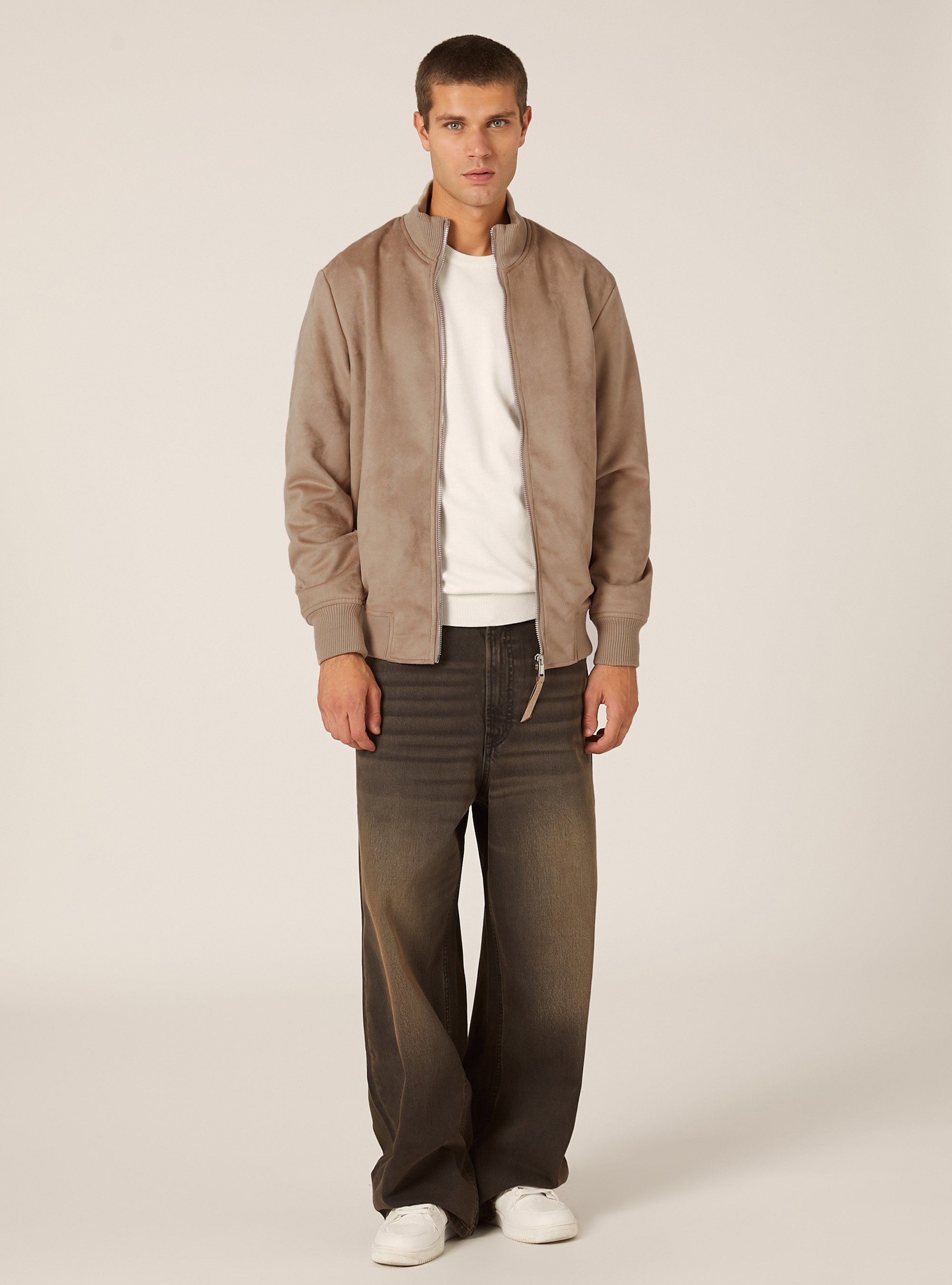 Suede-effect bomber jacket, BR2 BROWN MEDIUM