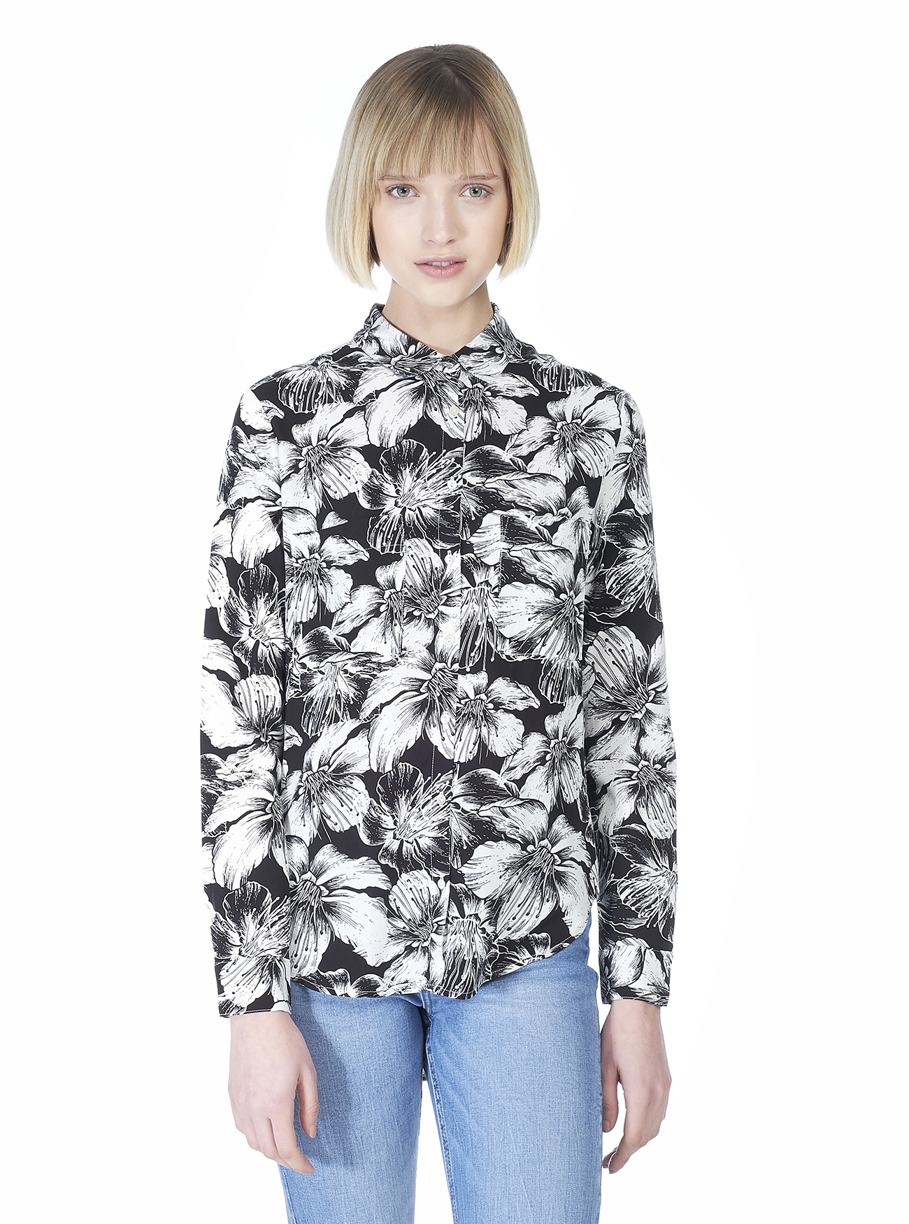 Camicia comfort fit stampa floreale bianca e nera, MULTICOLORE