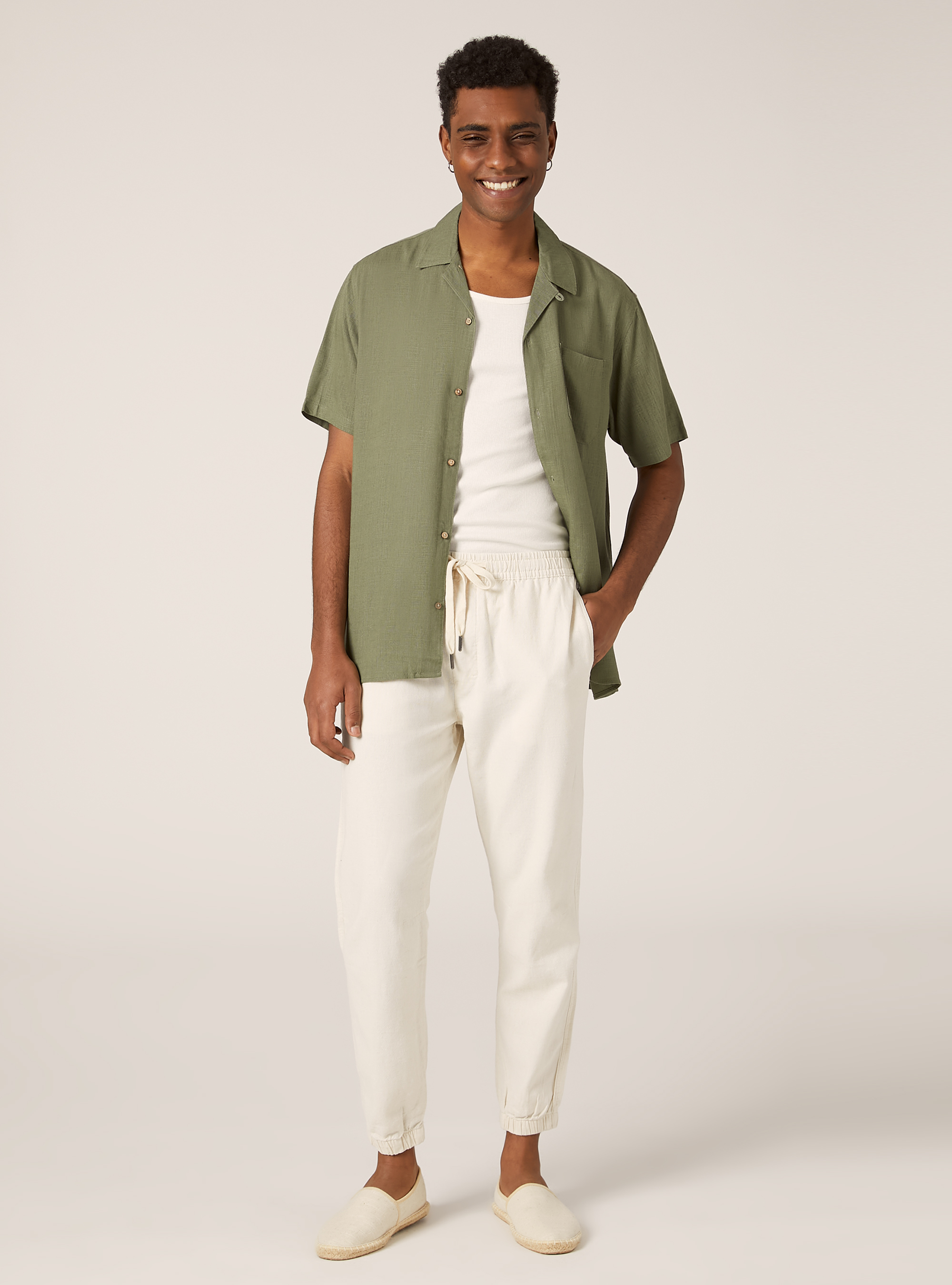 Linen blend shirt with bowling collar, KY2 KAKY MEDIUM