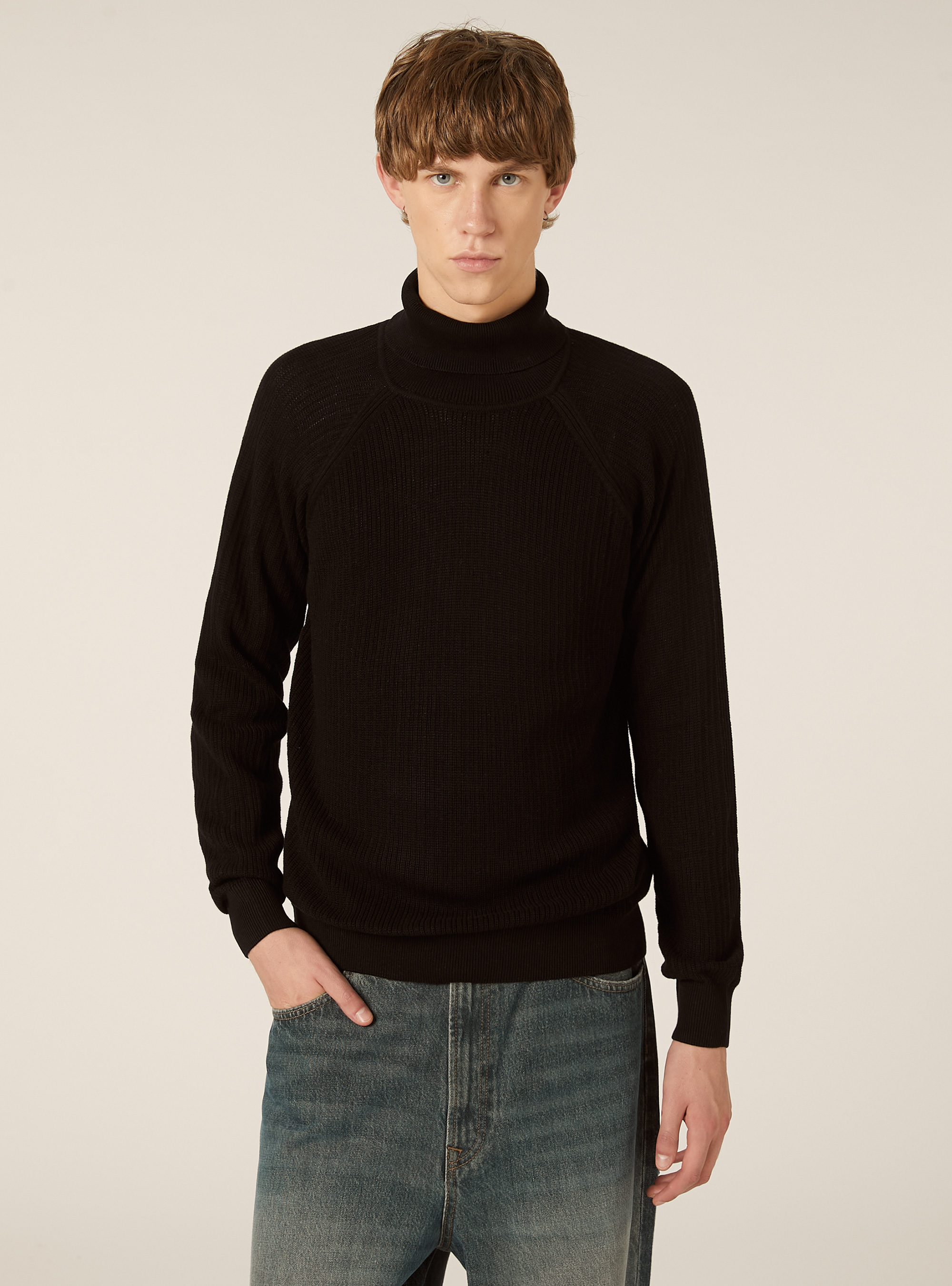 Maglia a collo alto in misto cotone a coste, BK1 BLACK
