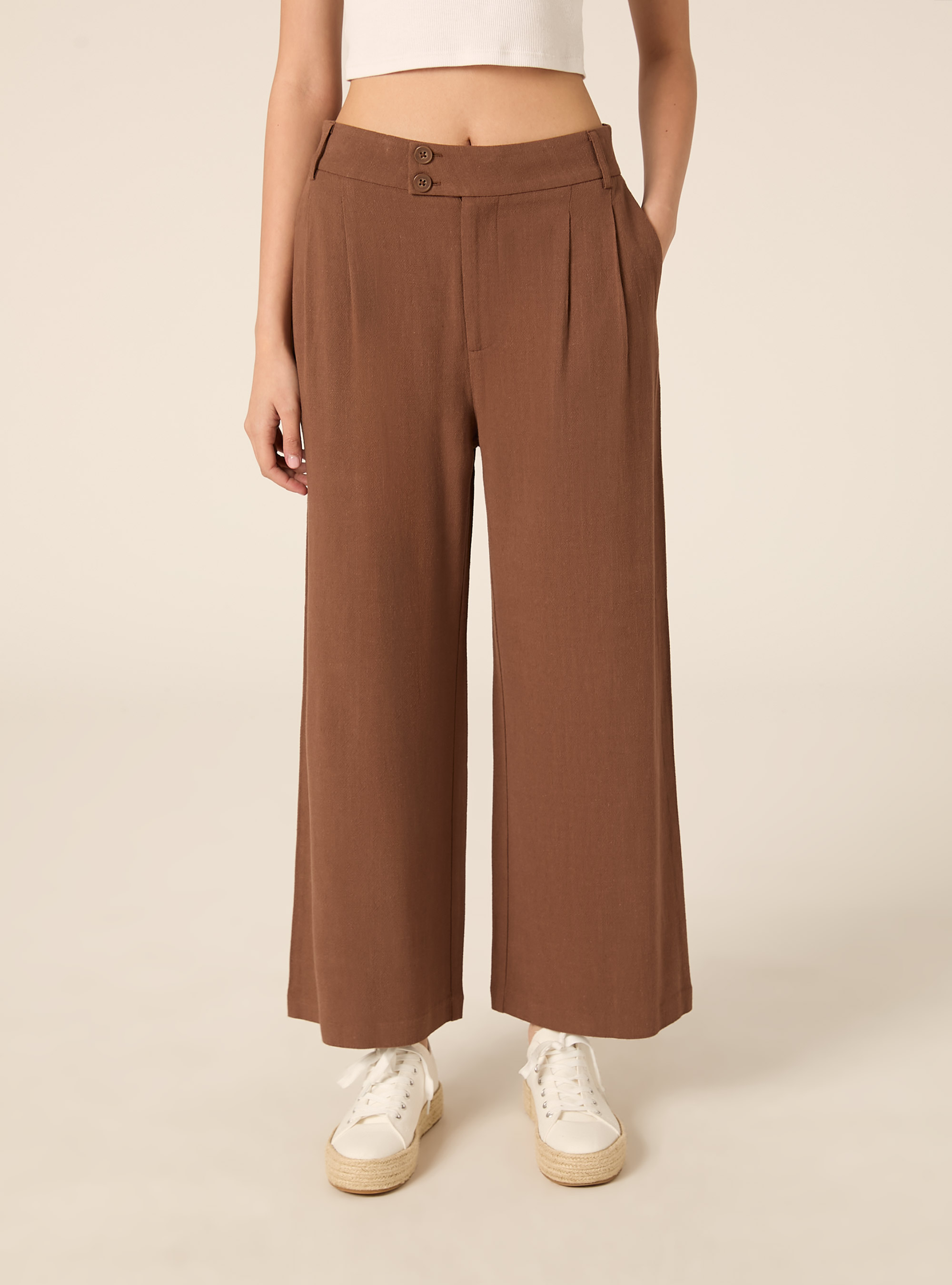 Pantaloni wide leg in misto lino, BR2 BROWN MEDIUM