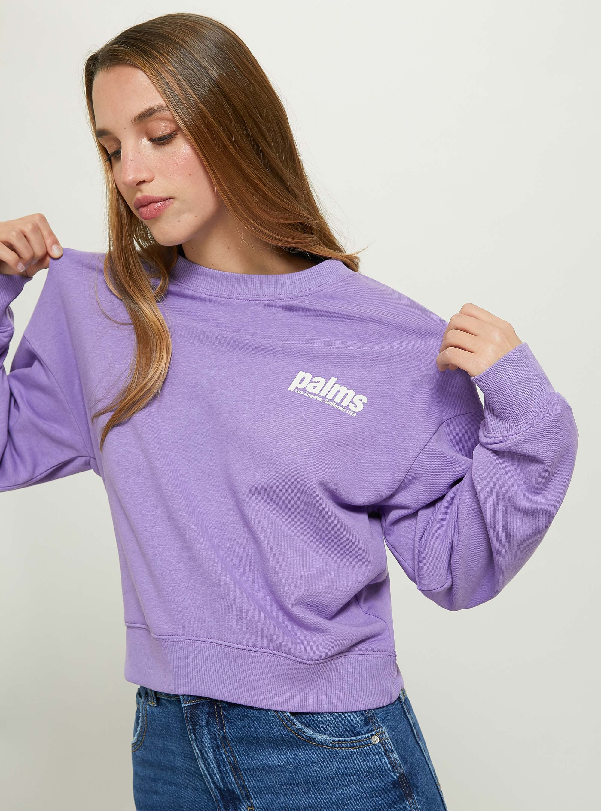 Cropped sweatshirt with lettering print, LC1 LILLAC DARK