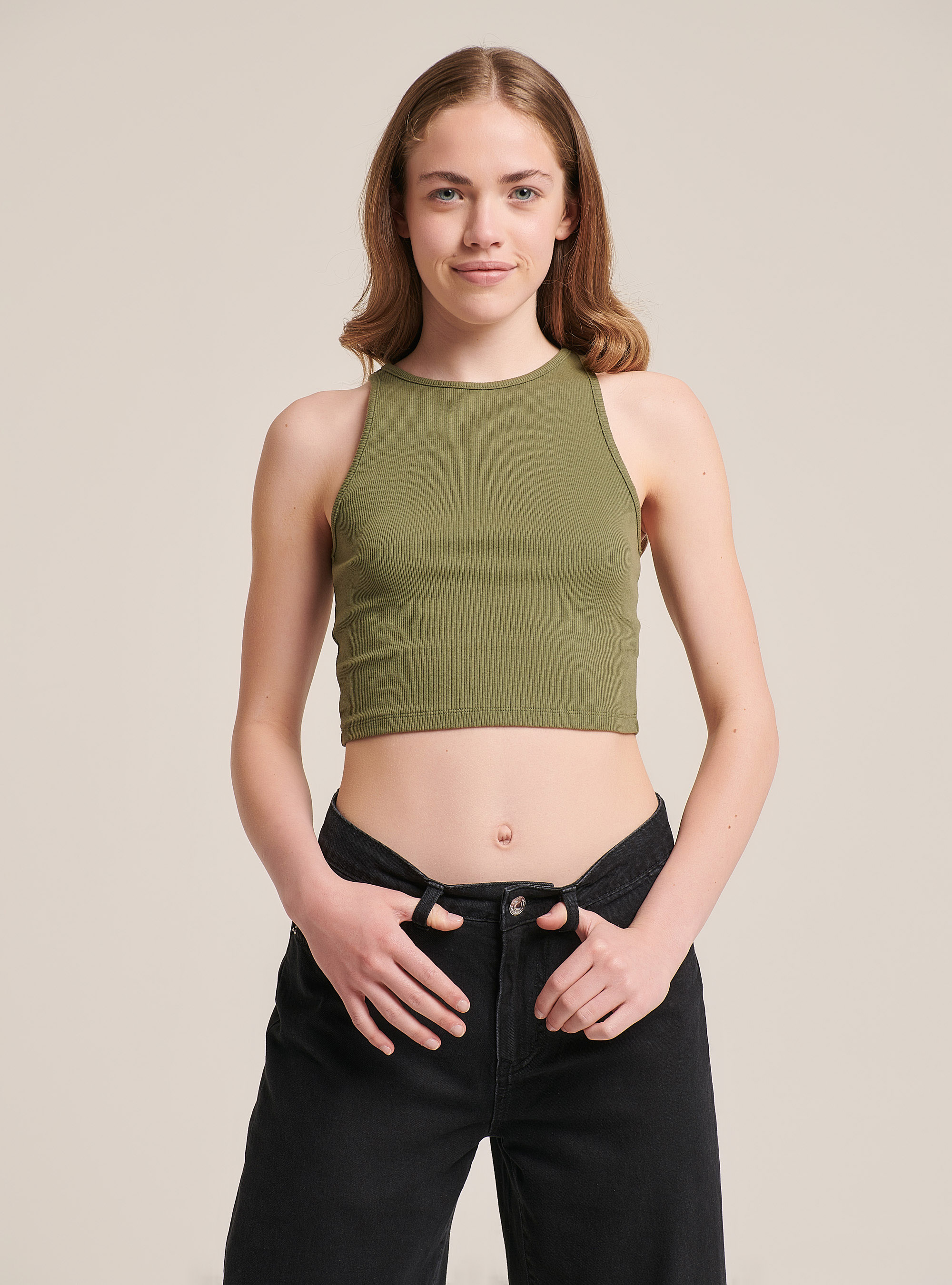 Elastic ribbed crop top in cotton, C0606 KAKY