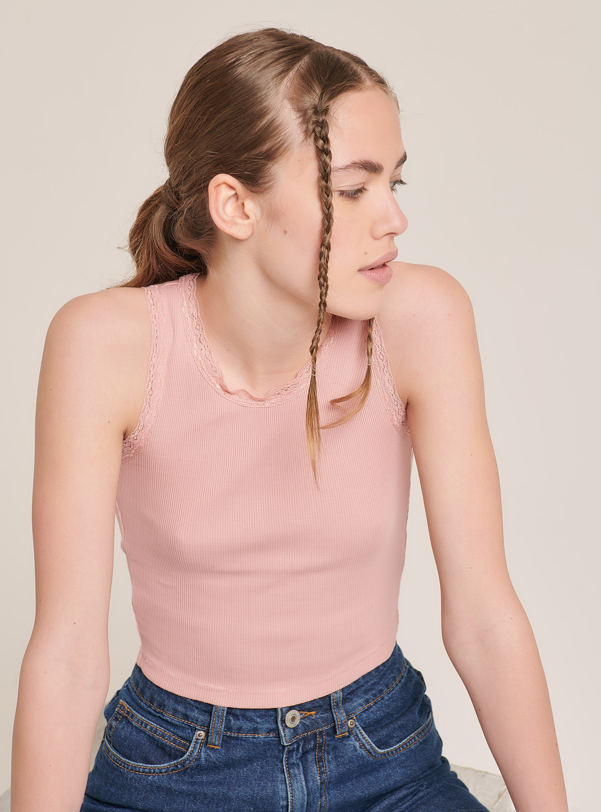 Basic-Tank-Top aus Baumwolle mit Spitzenbesatz, C4404 PINK