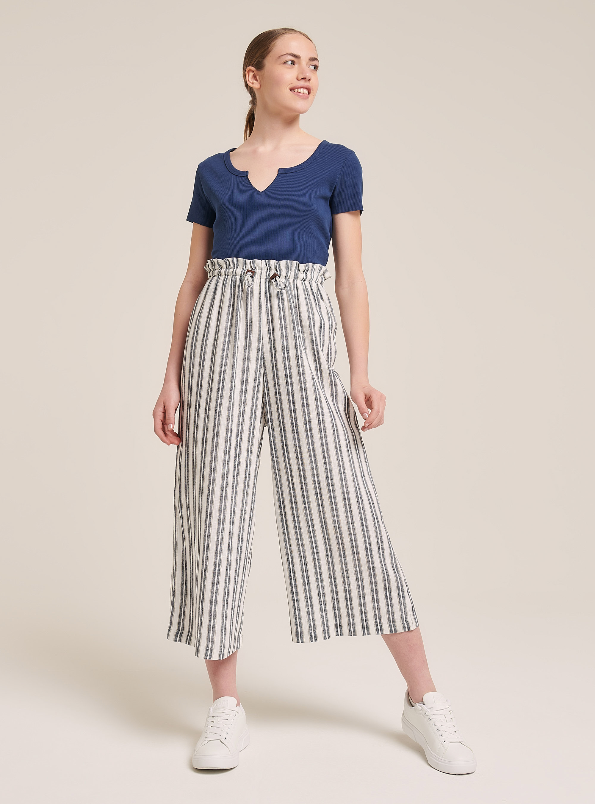 Pantaloni culotte a righe in misto lino, MULTICOLORE