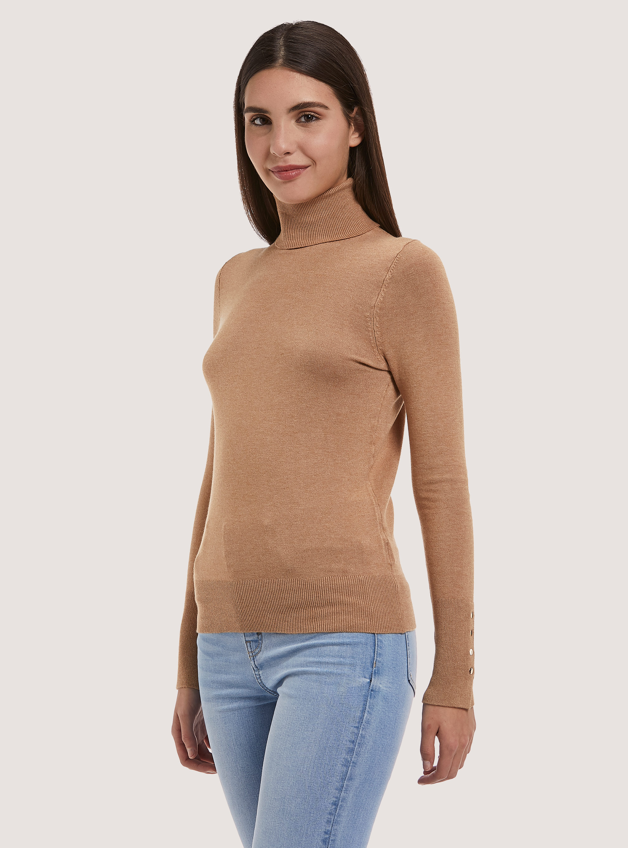 Pullover a collo alto con bottoni sulla manica, MBG2 BEIGE MEL MED
