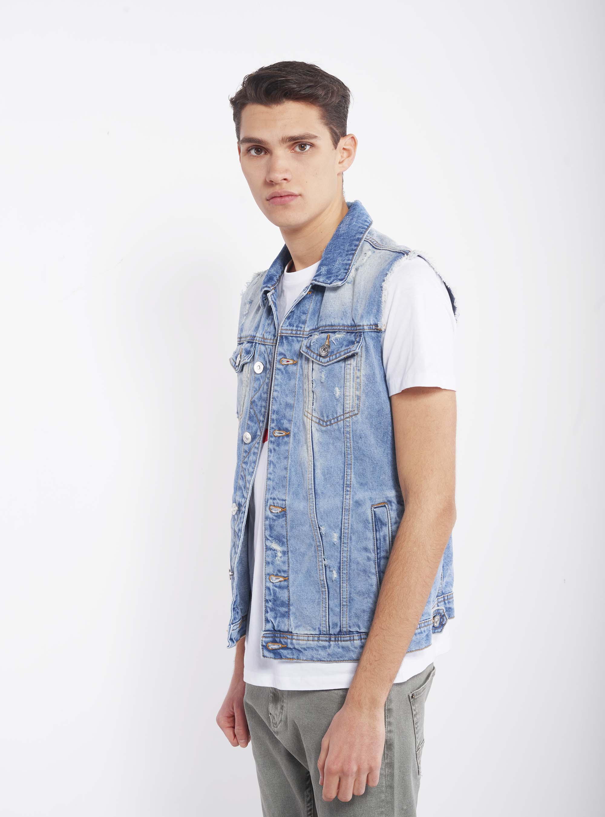 Veste sans manches en denim brut, C272 BLUE