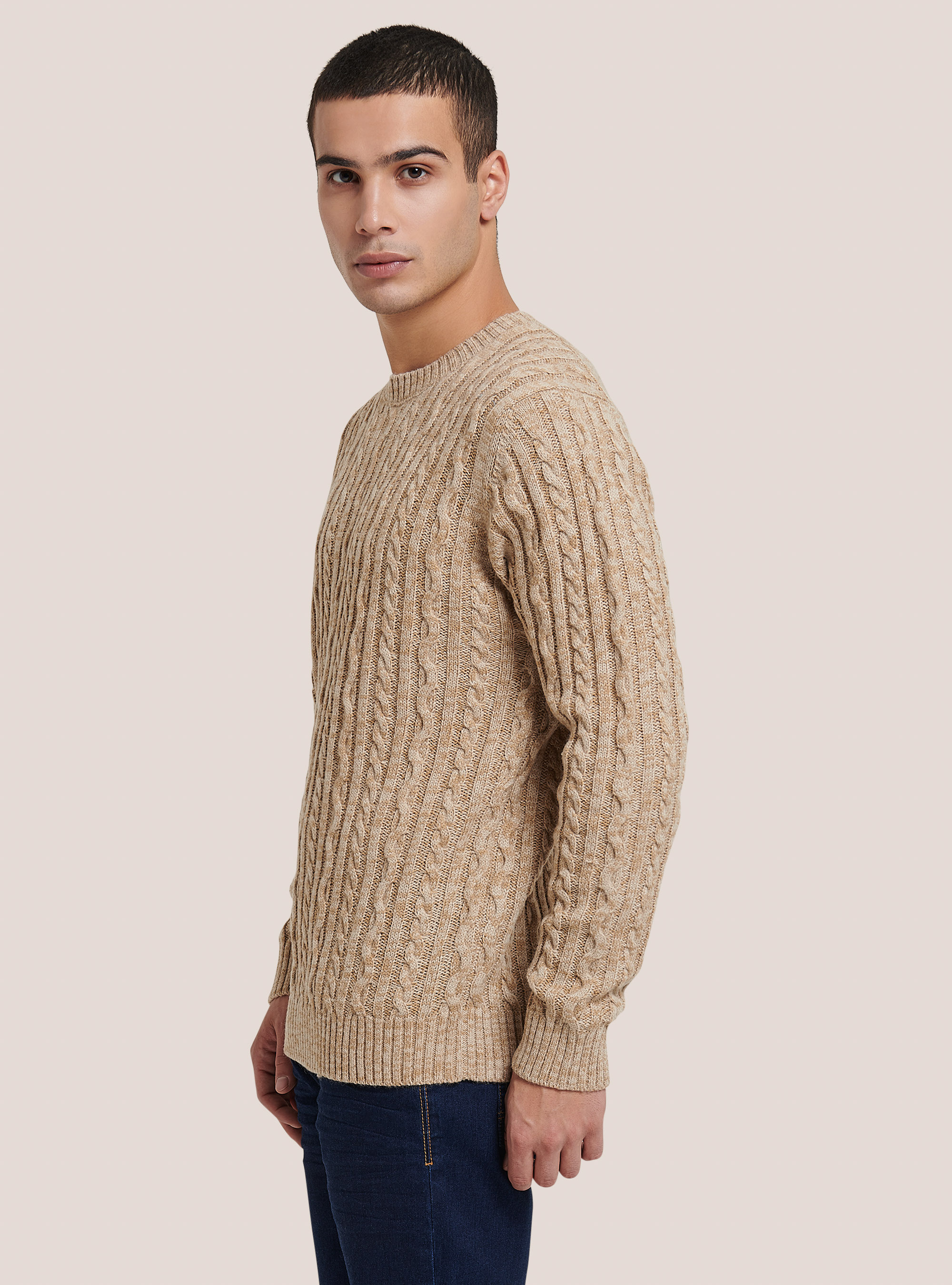 Pull &agrave; col ras du cou avec tresses, MBG2 BEIGE MEL MED