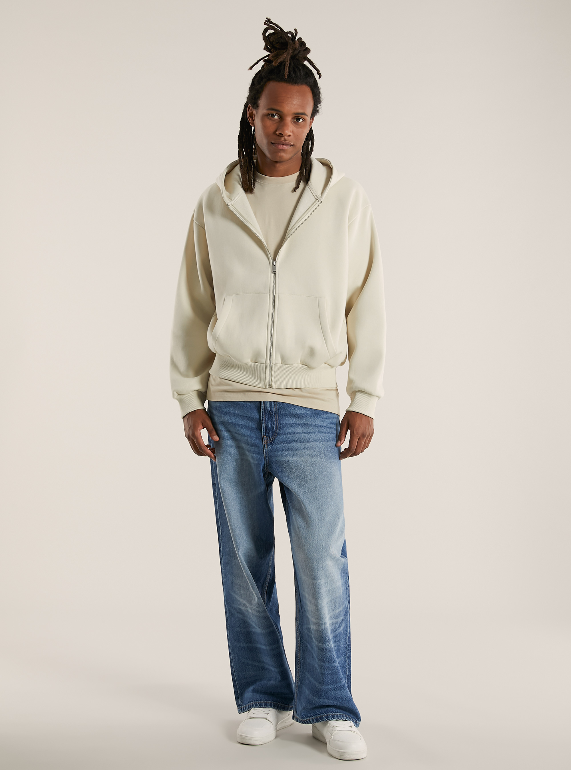 Felpa con zip e cappuccio boxy fit, CR3 CREAM LIGHT