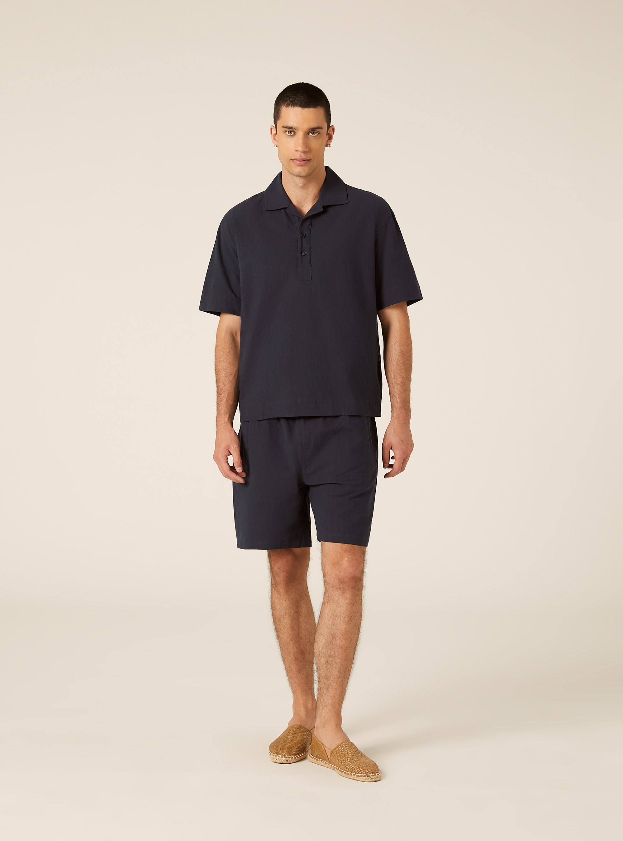 Polo Camisero de Mezcla de Lino, NA2 NAVY MEDIUM