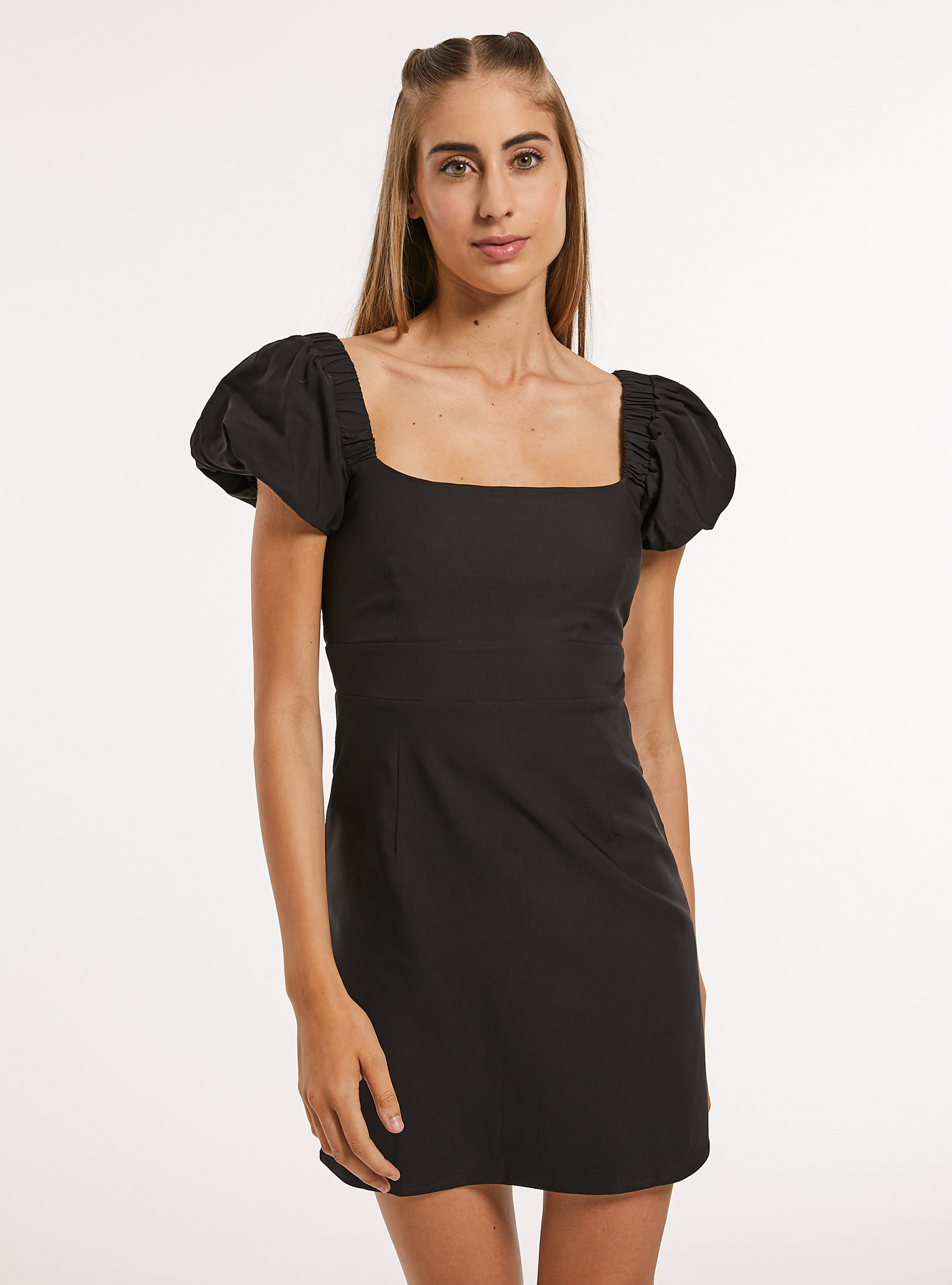 Vestito corto con elastici e schiena scoperta, BK1 BLACK