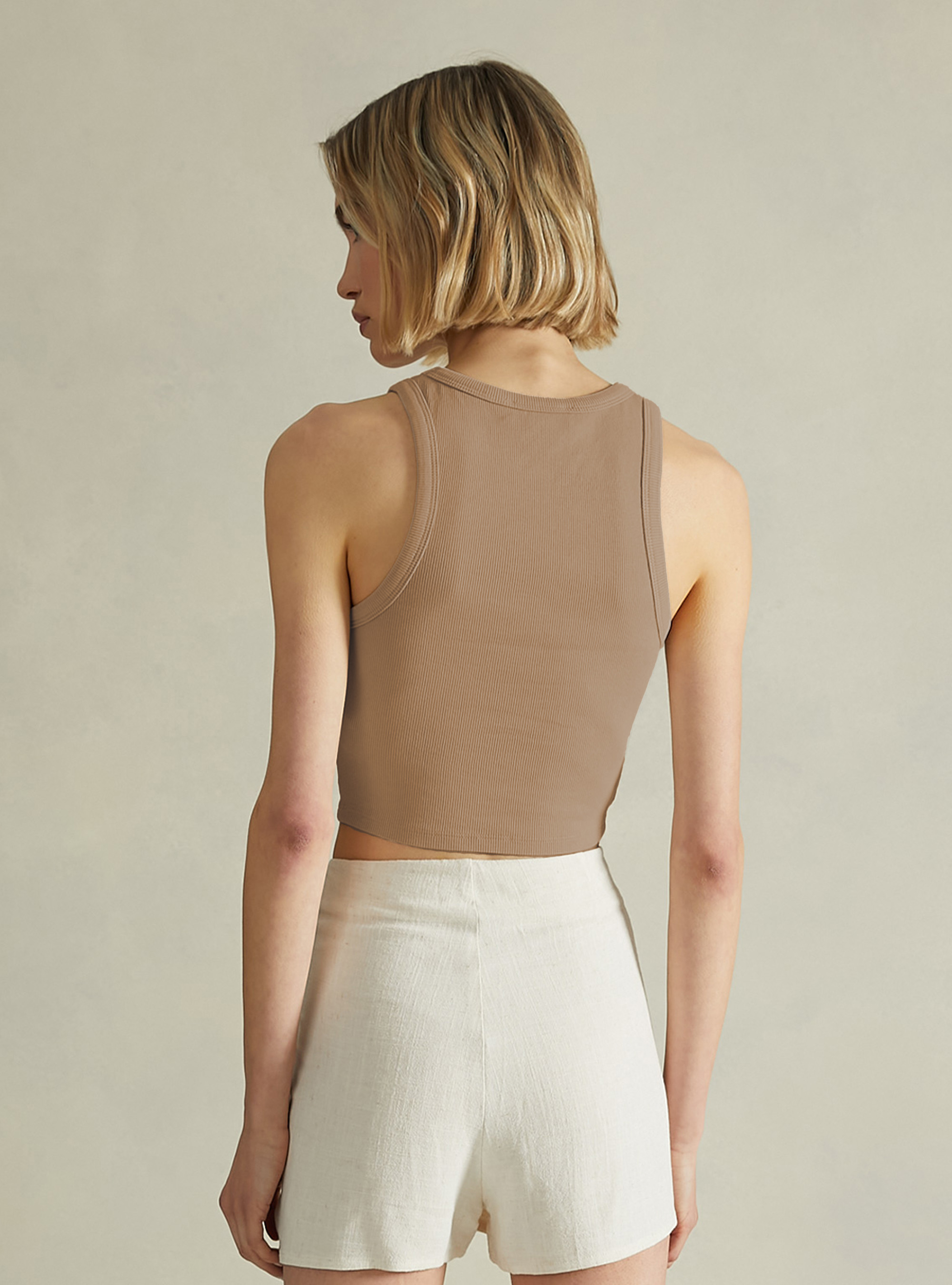 Cropped tank top in rib, BR3 BROWN LIGHT