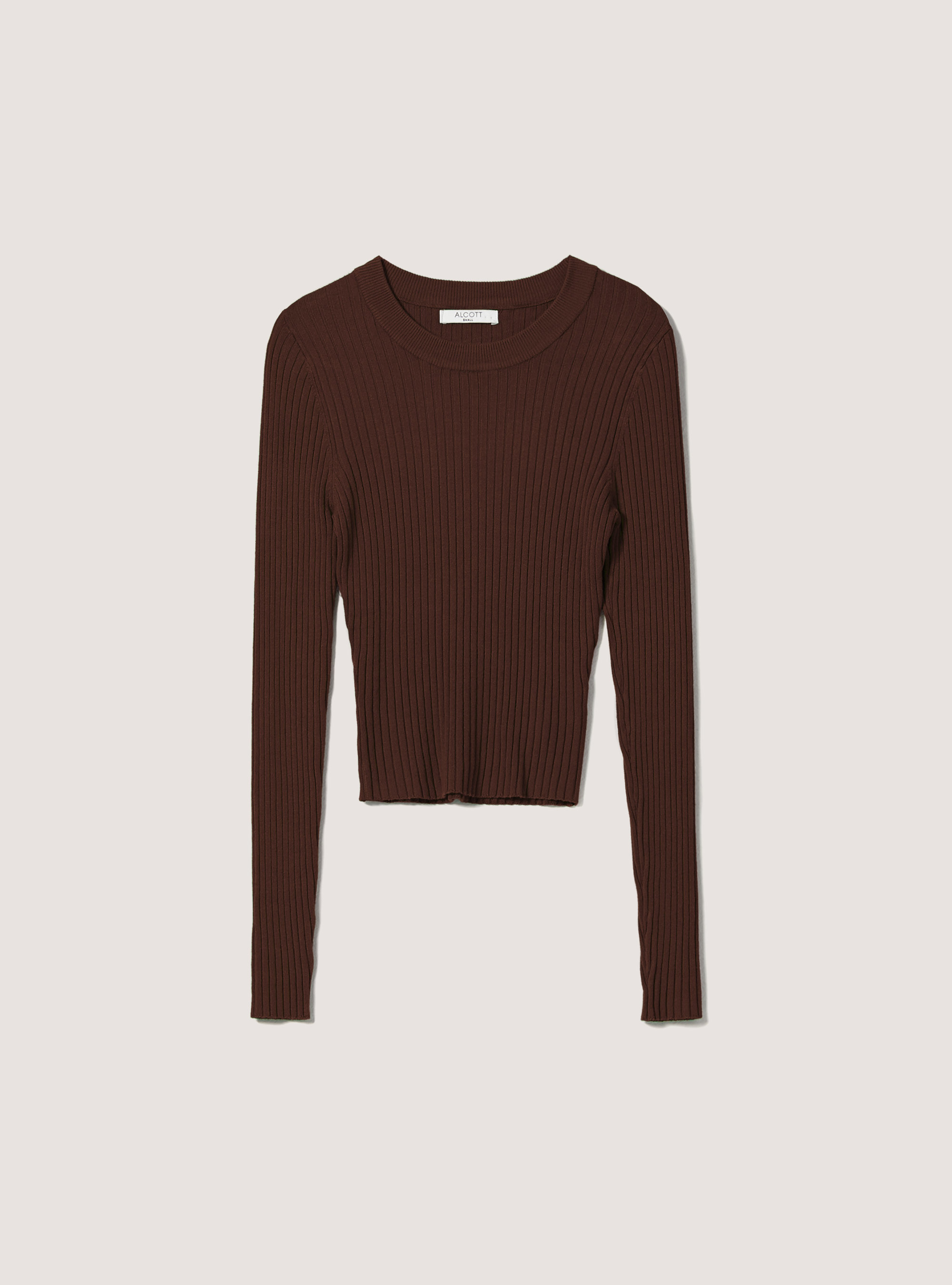Soft cropped ribbed stretch pullover, BR2 BROWN MEDIUM