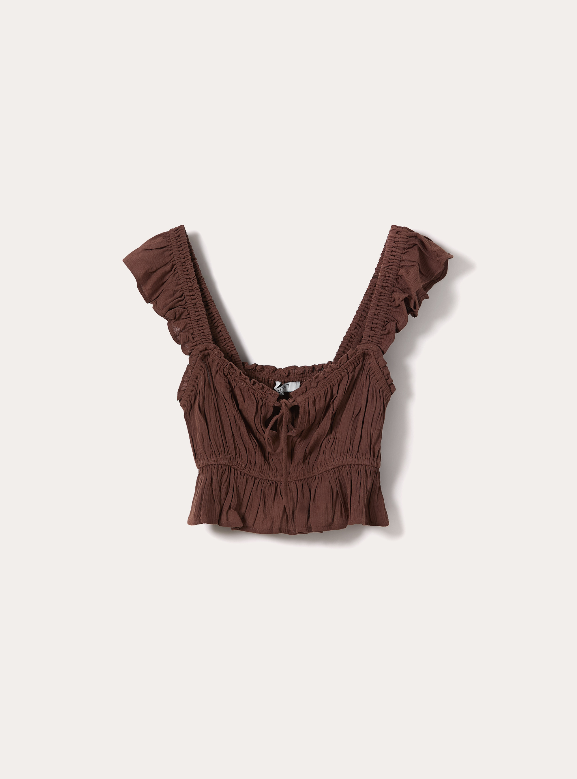 Top in crepe con volant, BR2 BROWN MEDIUM
