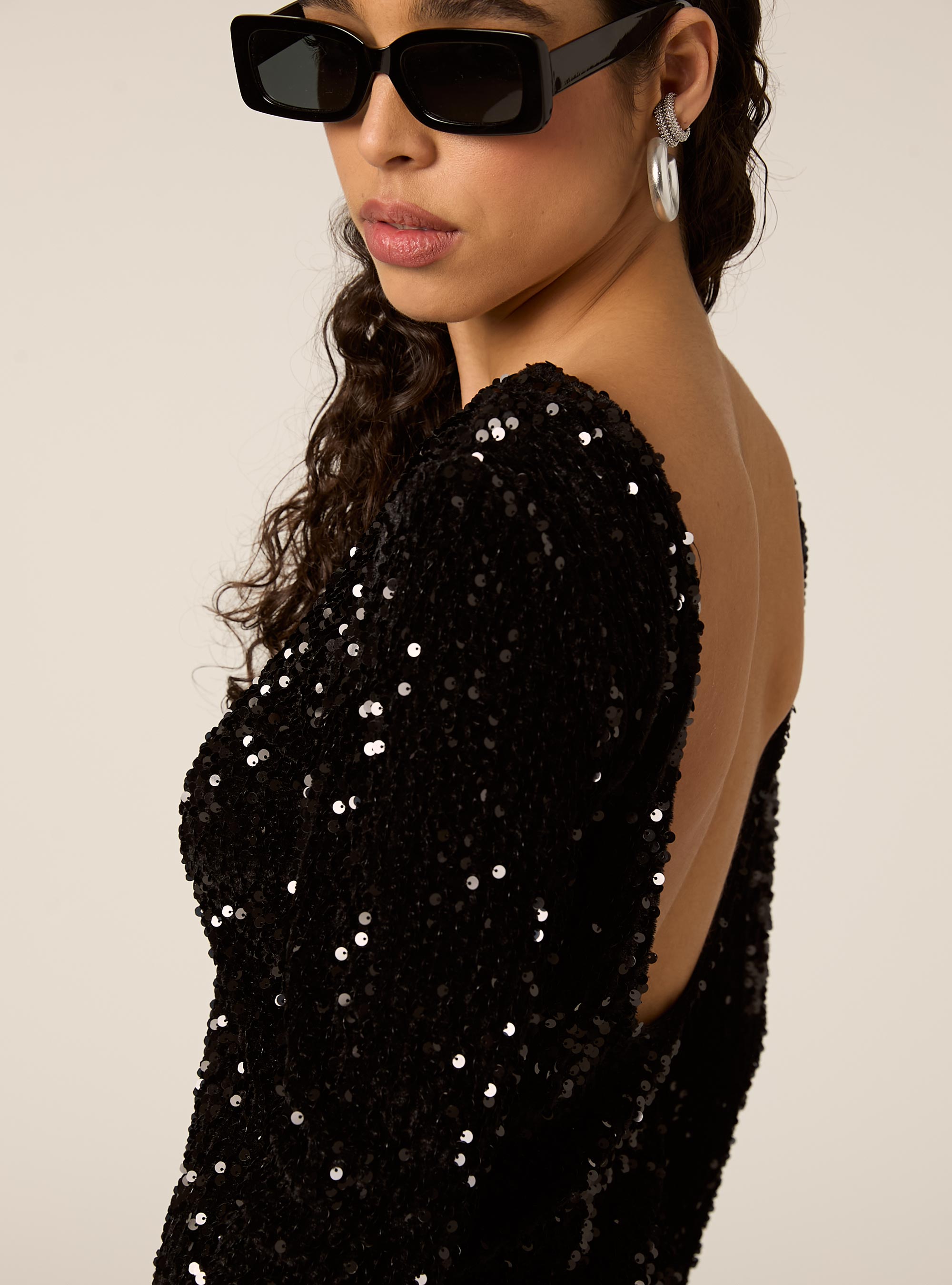 Vestito paillettes con schiena scoperta, BK1 BLACK