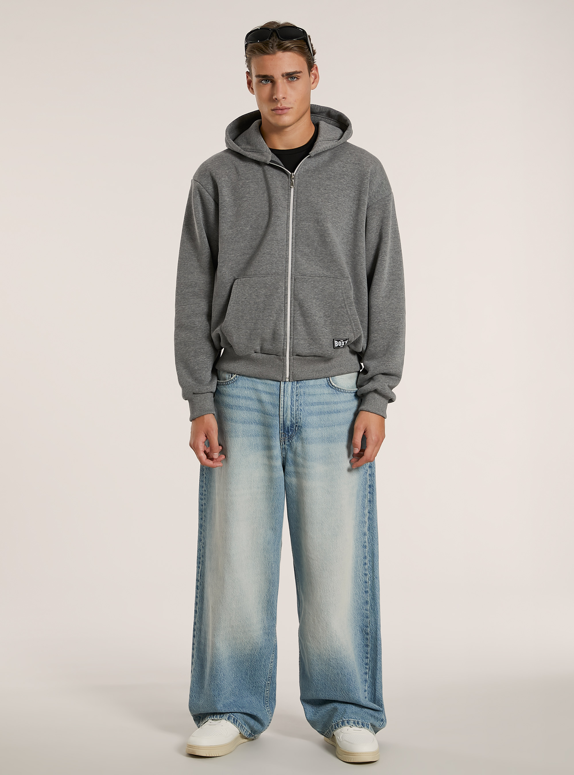 Sweatshirt mit Reißverschluss und kastenförmiger Kapuze, MGY1 GREY MEL DARK