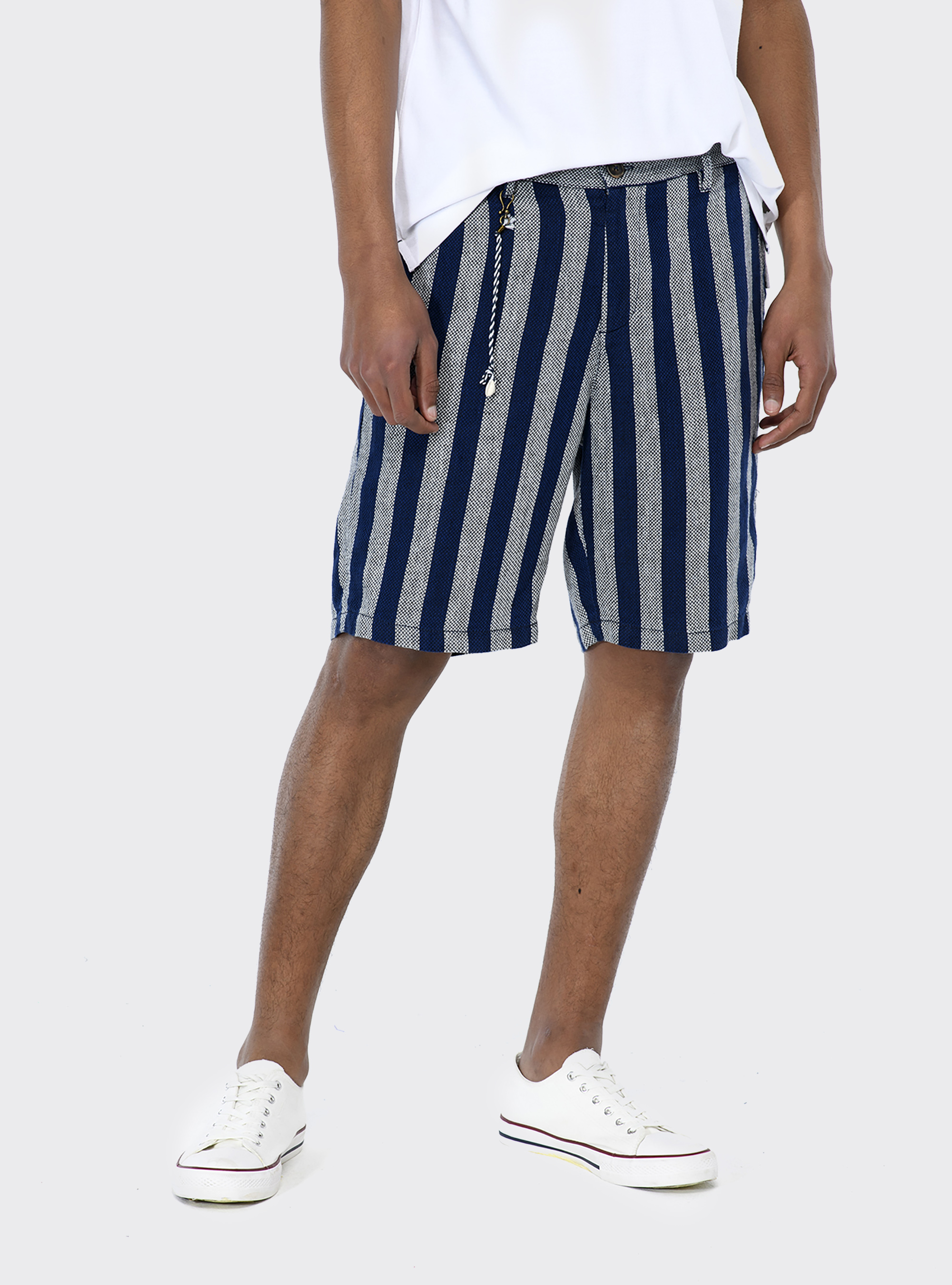 Bermuda a righe verticali in puro lino, BLU MARINO