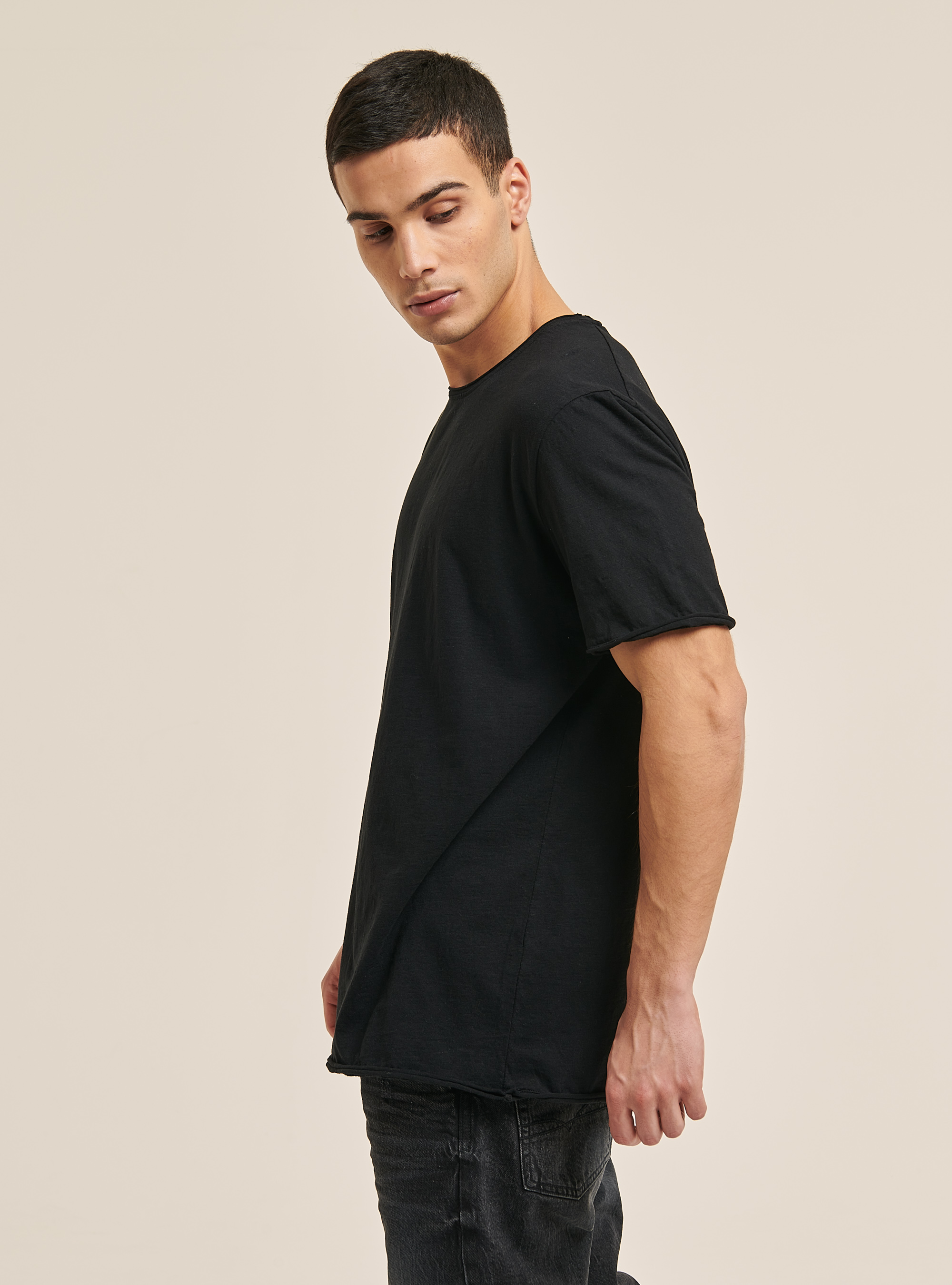 Basic plain cotton T-shirt, BLACK
