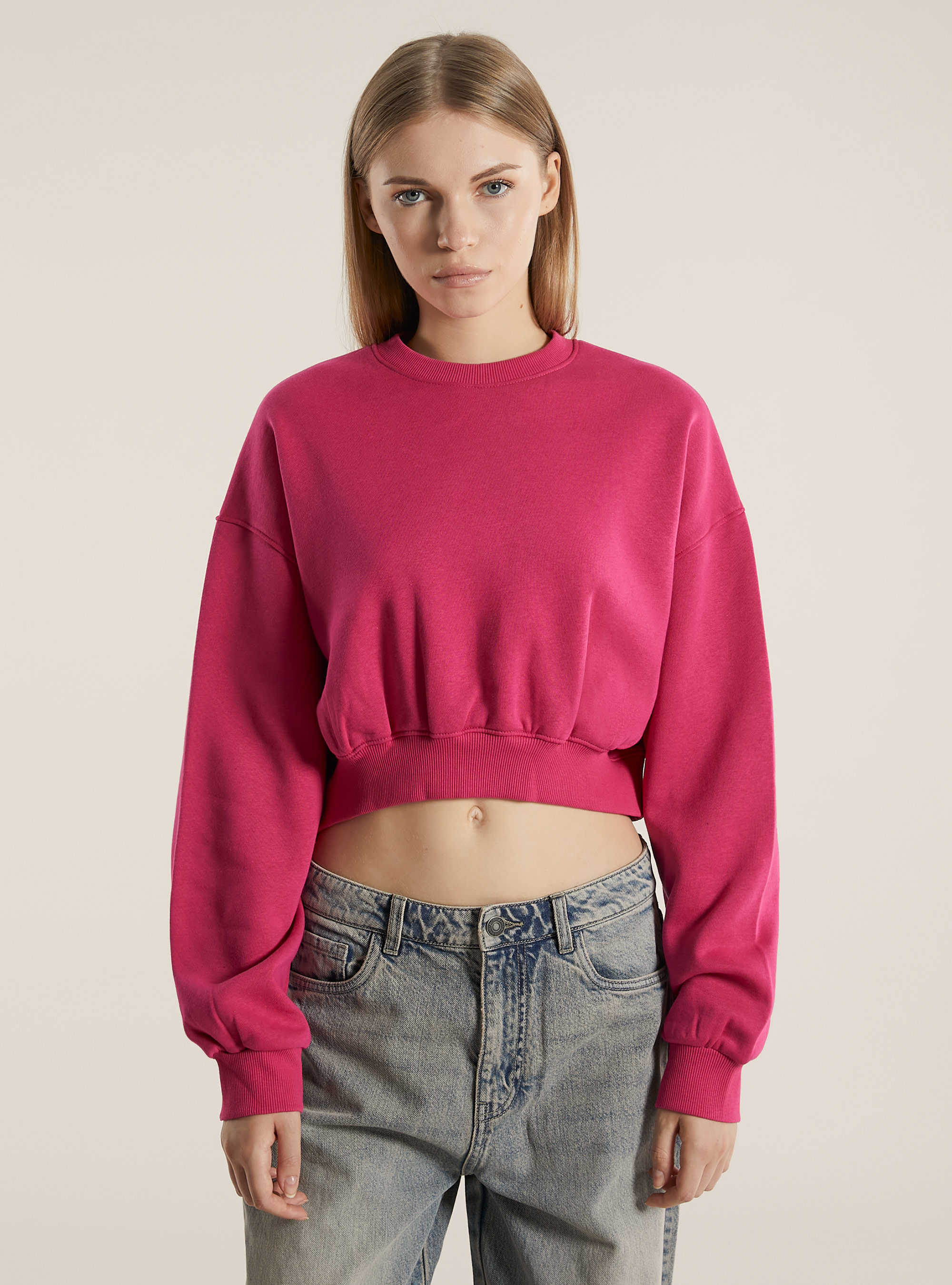 Baumwoll-Crop-Sweatshirt mit Rundhalsausschnitt, FX2 FUXIA MEDIUM