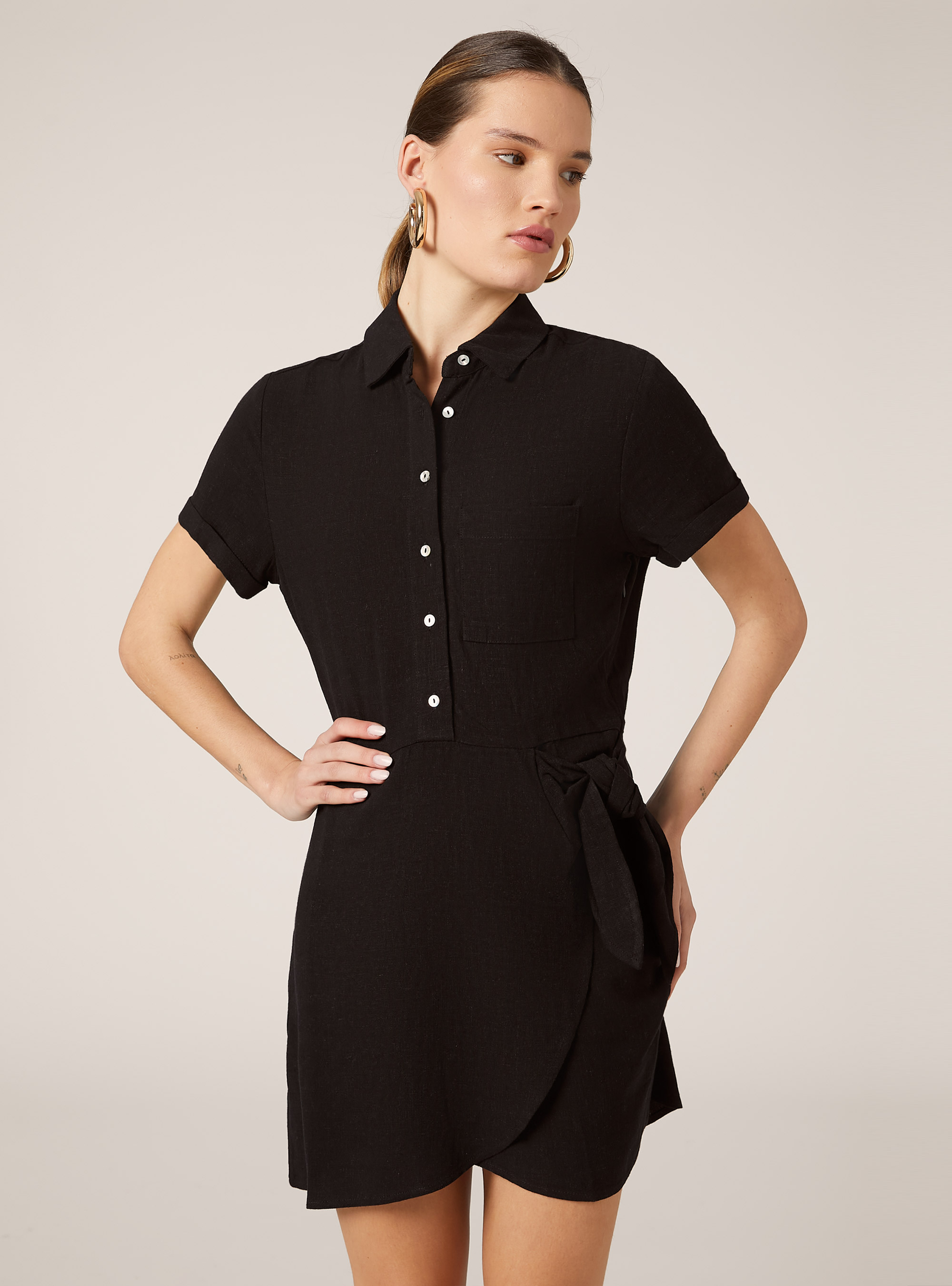 Linen blend dress, BK1 BLACK
