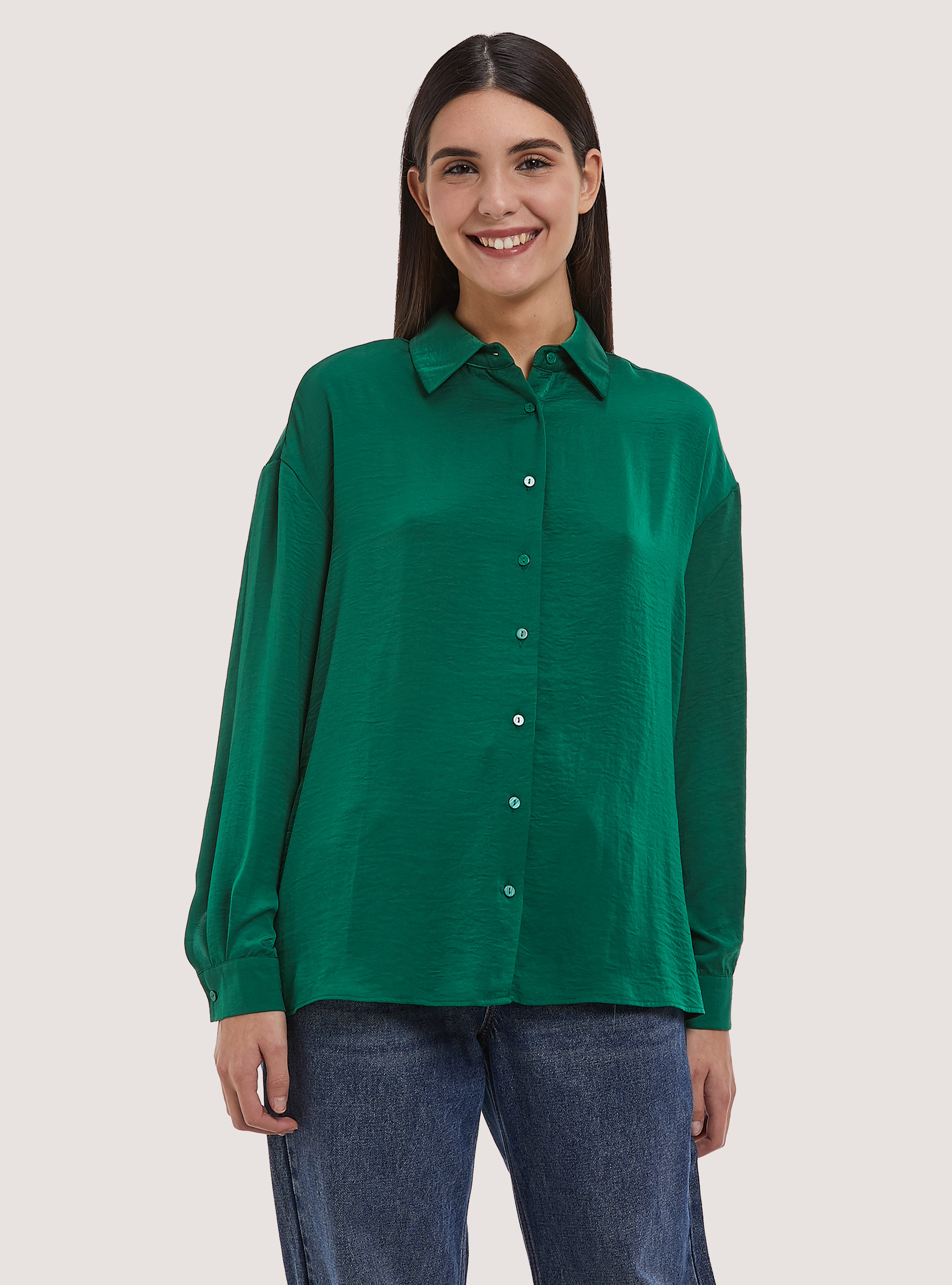 Solid-coloured satin shirt, GN2 GREEN MEDIUM