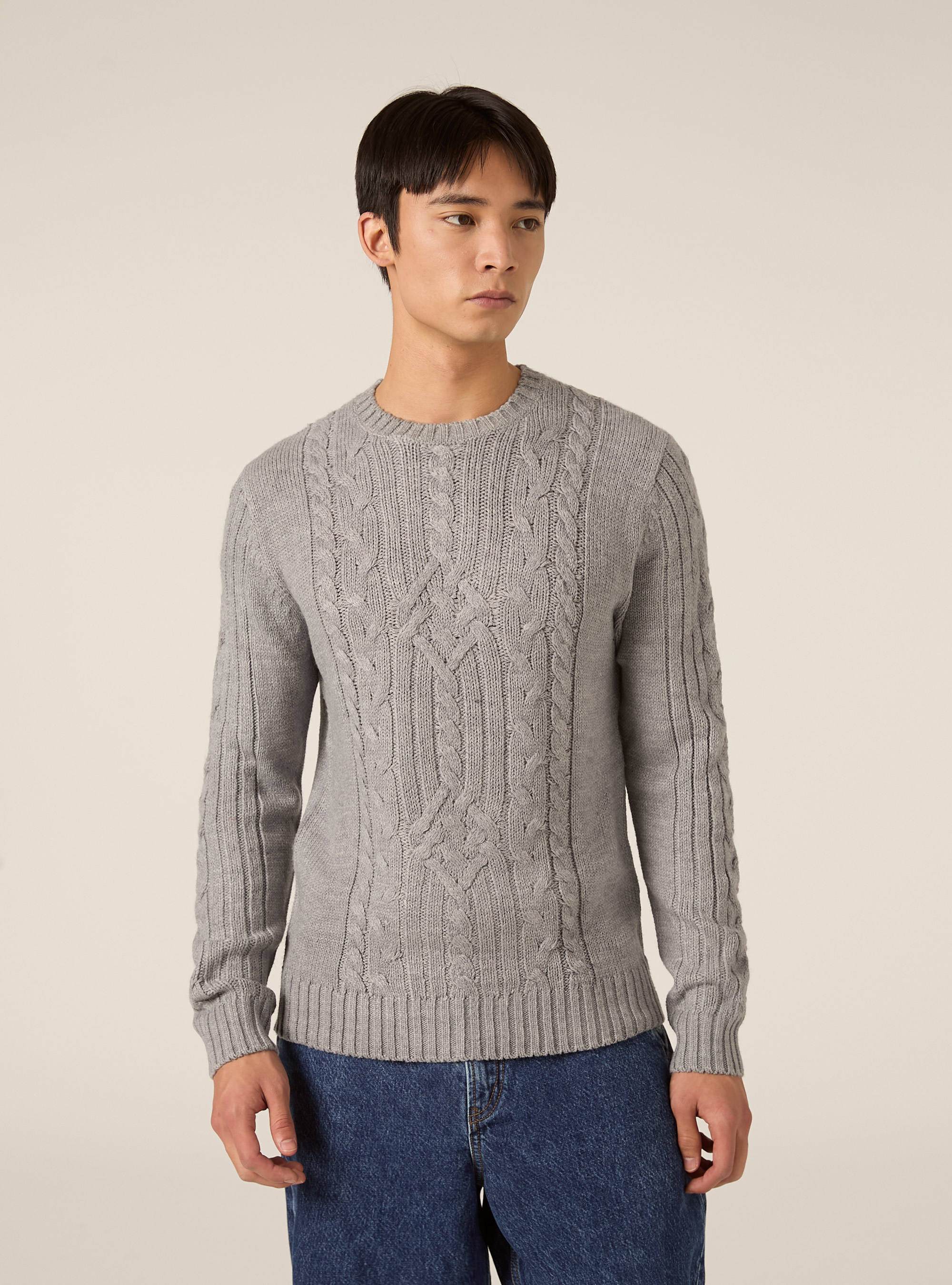 Crew neck jumper with cable knit, MGY3 GREY MEL LIGHT