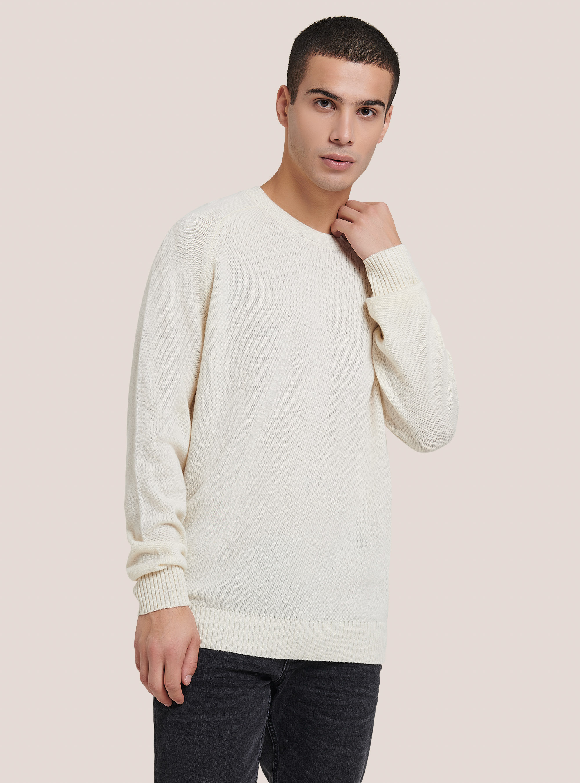 Wool blend crew-neck pullover, WHITE