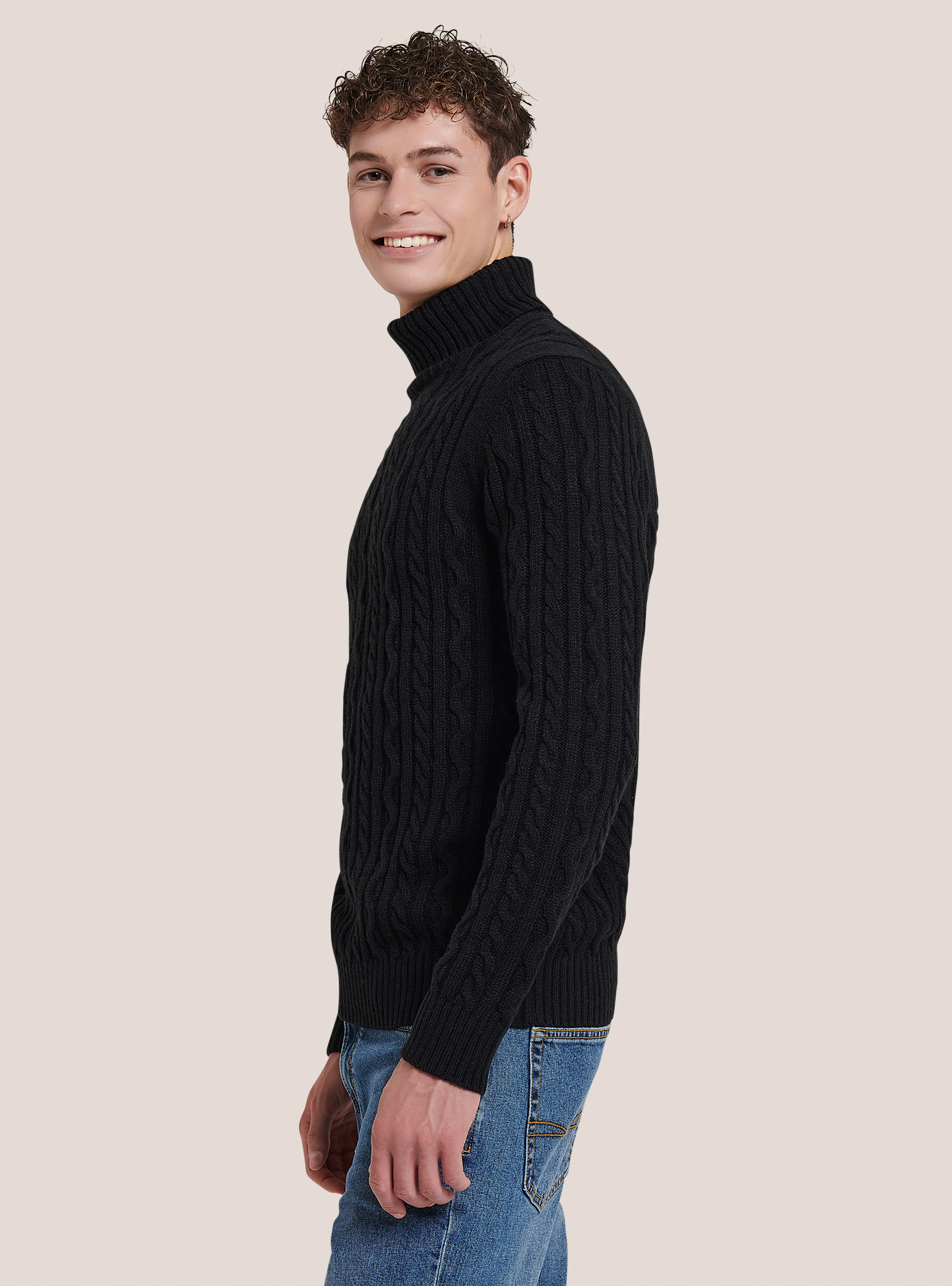 Pullover collo alto con trecce, MNA2 NAVY MEL MED