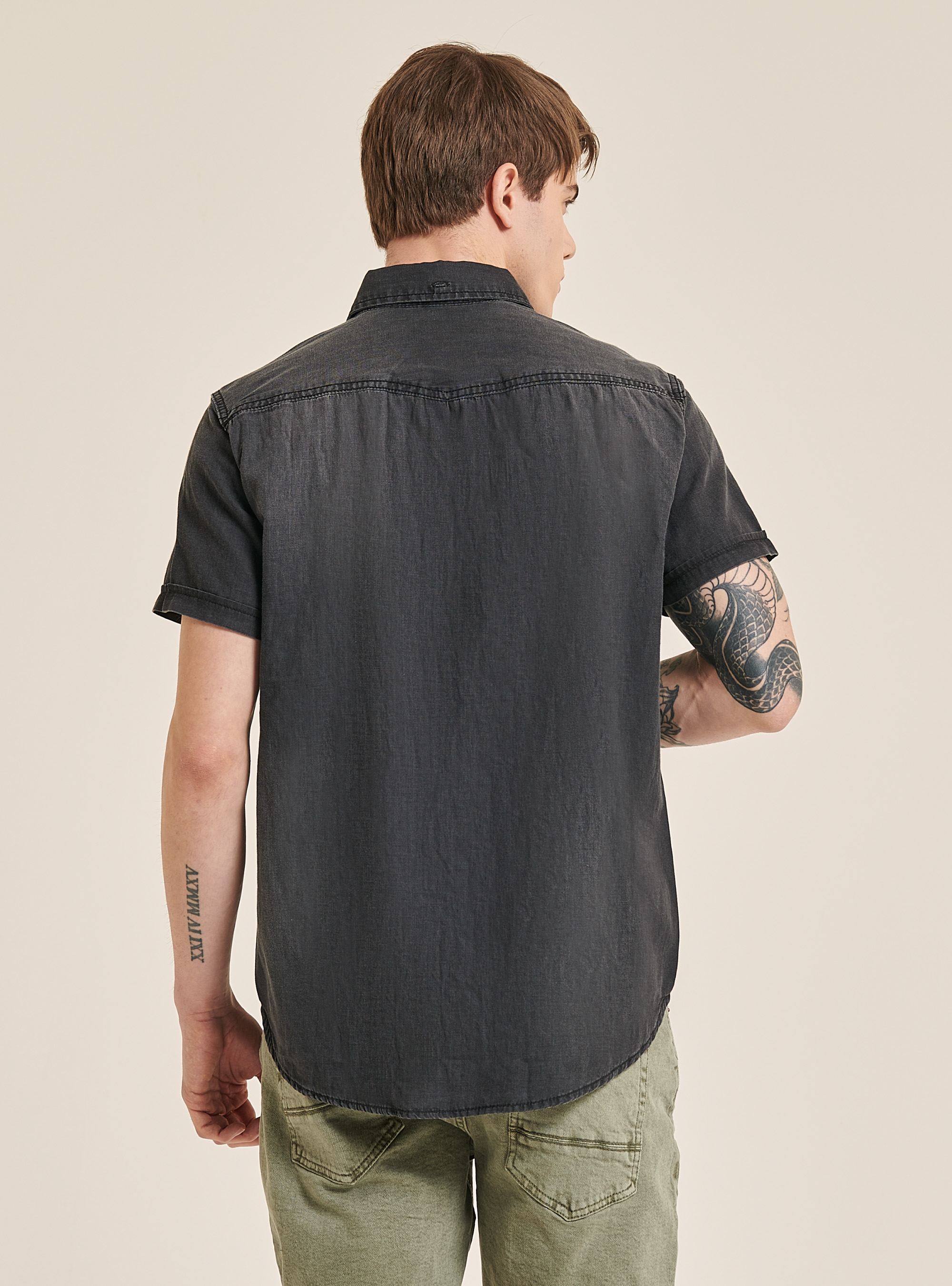 Denim cotton half-sleeved shirt, BLACK