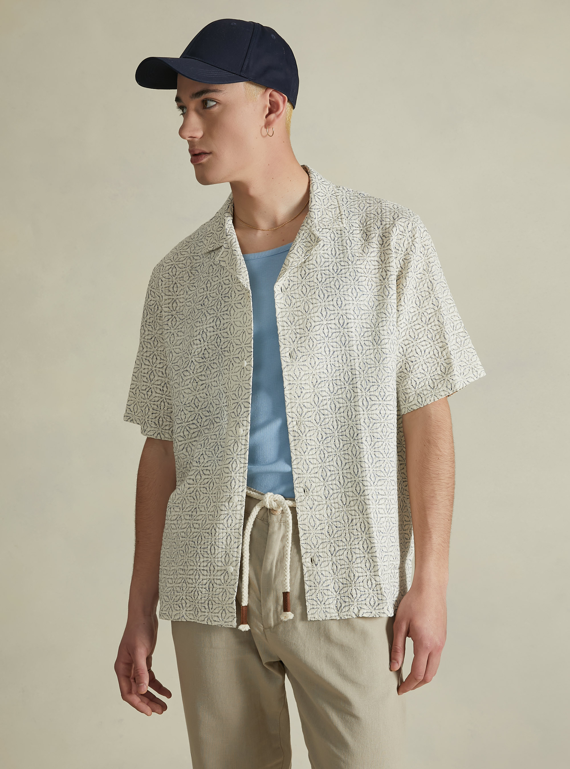 Gemustertes Hemd aus Leinenmischung, BL3 BLUE LIGHT