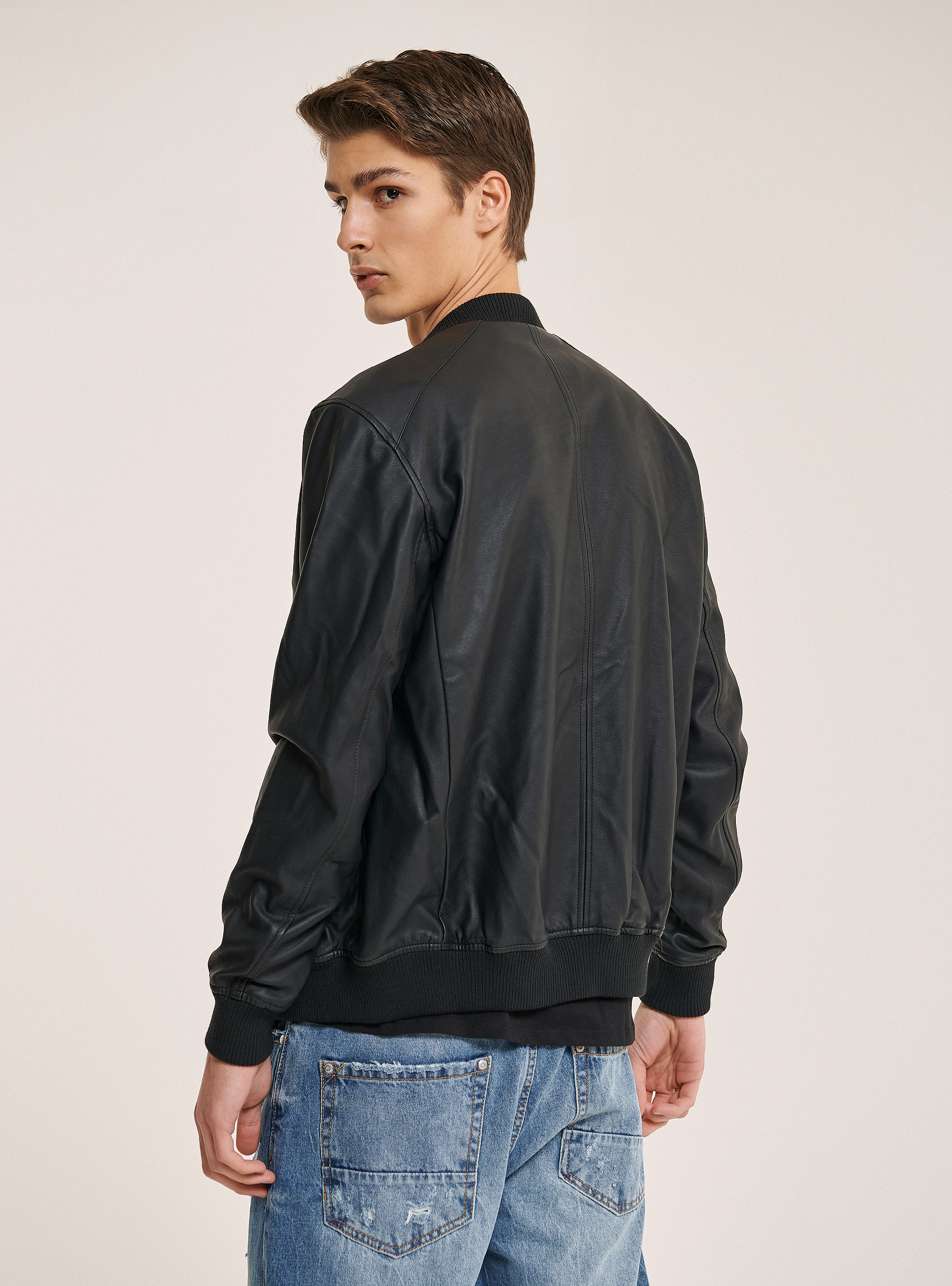 Faux leather bomber jacket, BLACK