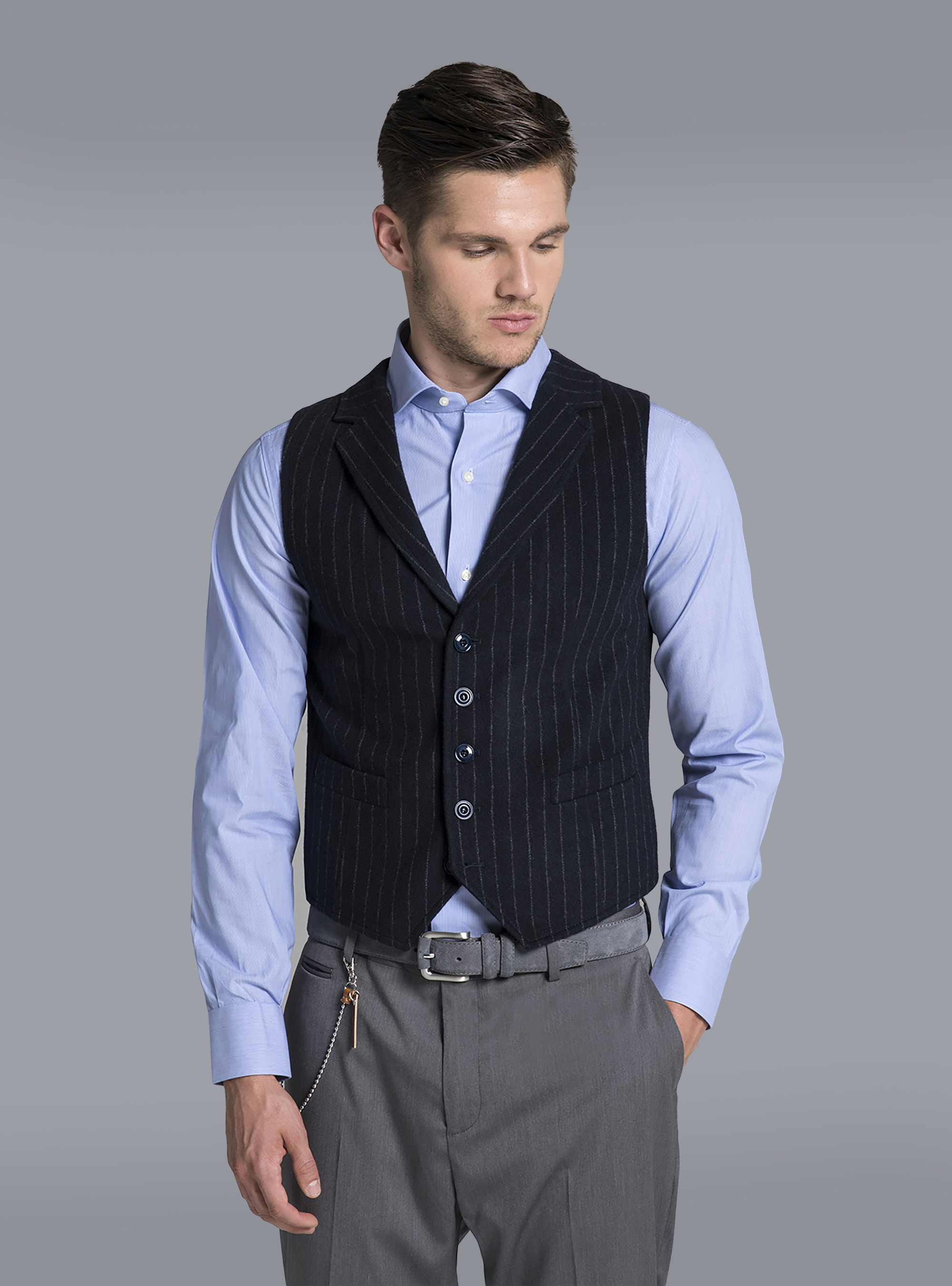 Gilet monopetto gessato, BLUE NAVY