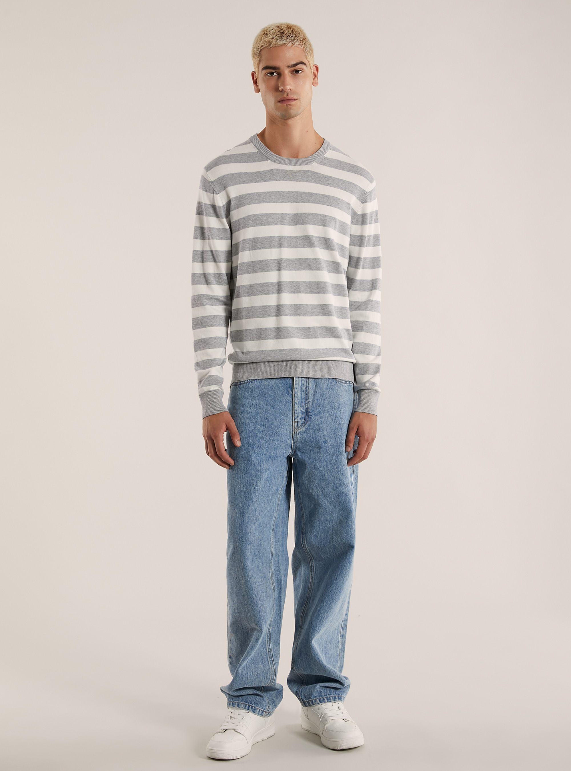 Jersey de viscosa a rayas de cuello redondo, MGY2 GREY MEL MEDIUM