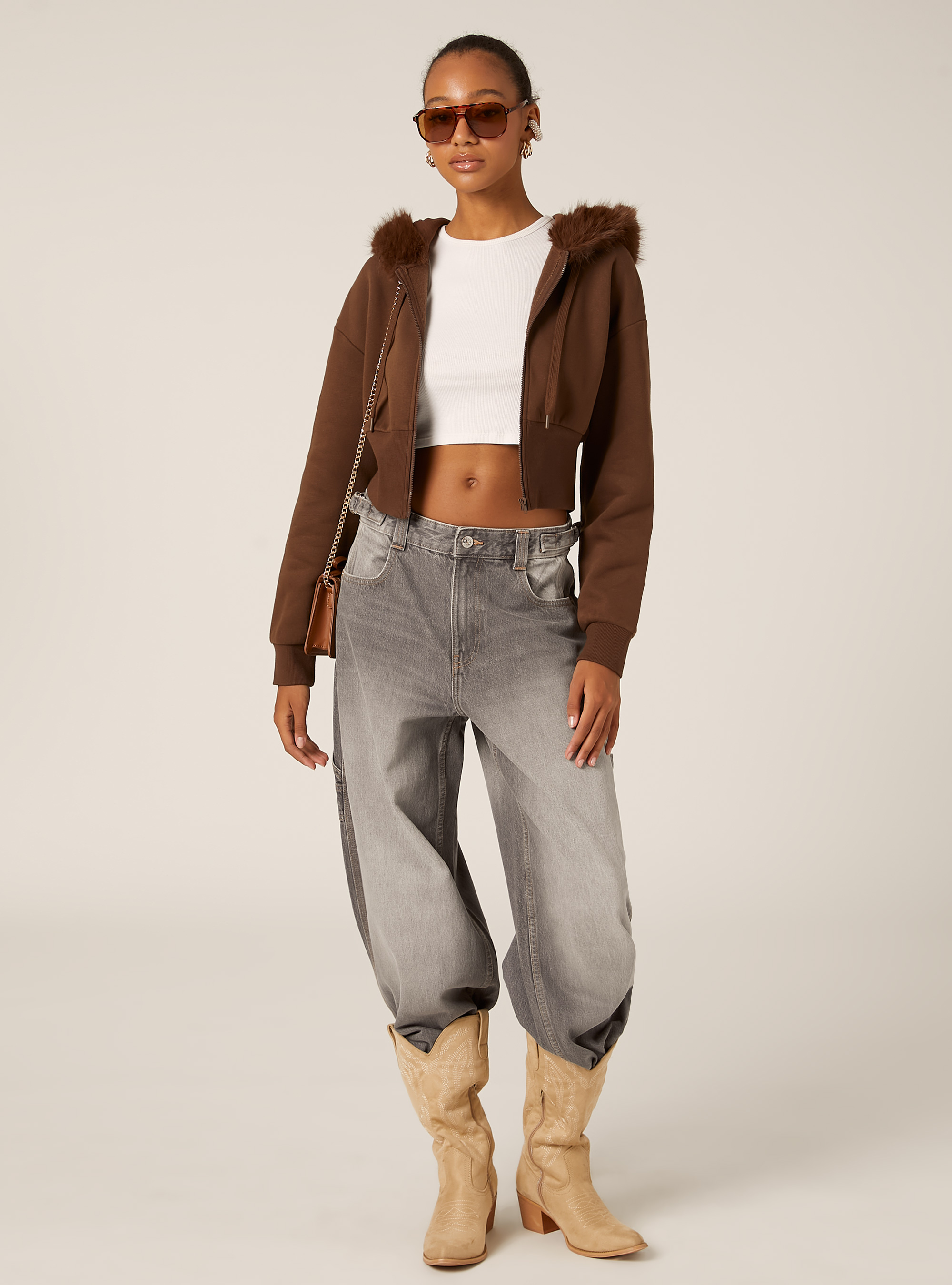 Sudadera corta con capucha de piel, BR2 BROWN MEDIUM